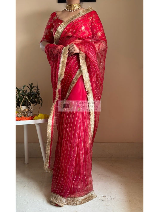 Red Noorani Banno Organza Saree Kreation by KJ