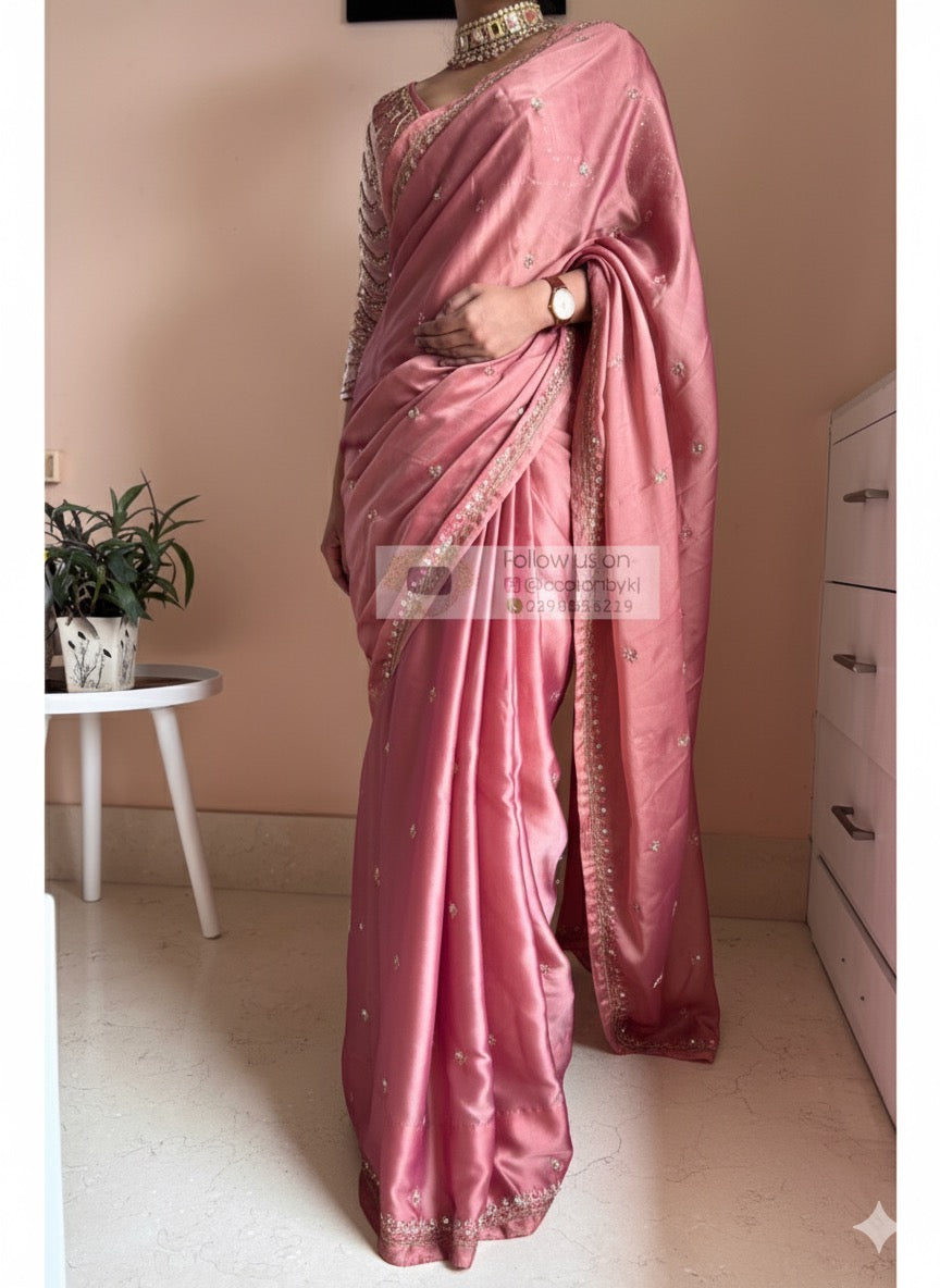 Summer Mauve Pink Handembroidered Saree Kreation by KJ