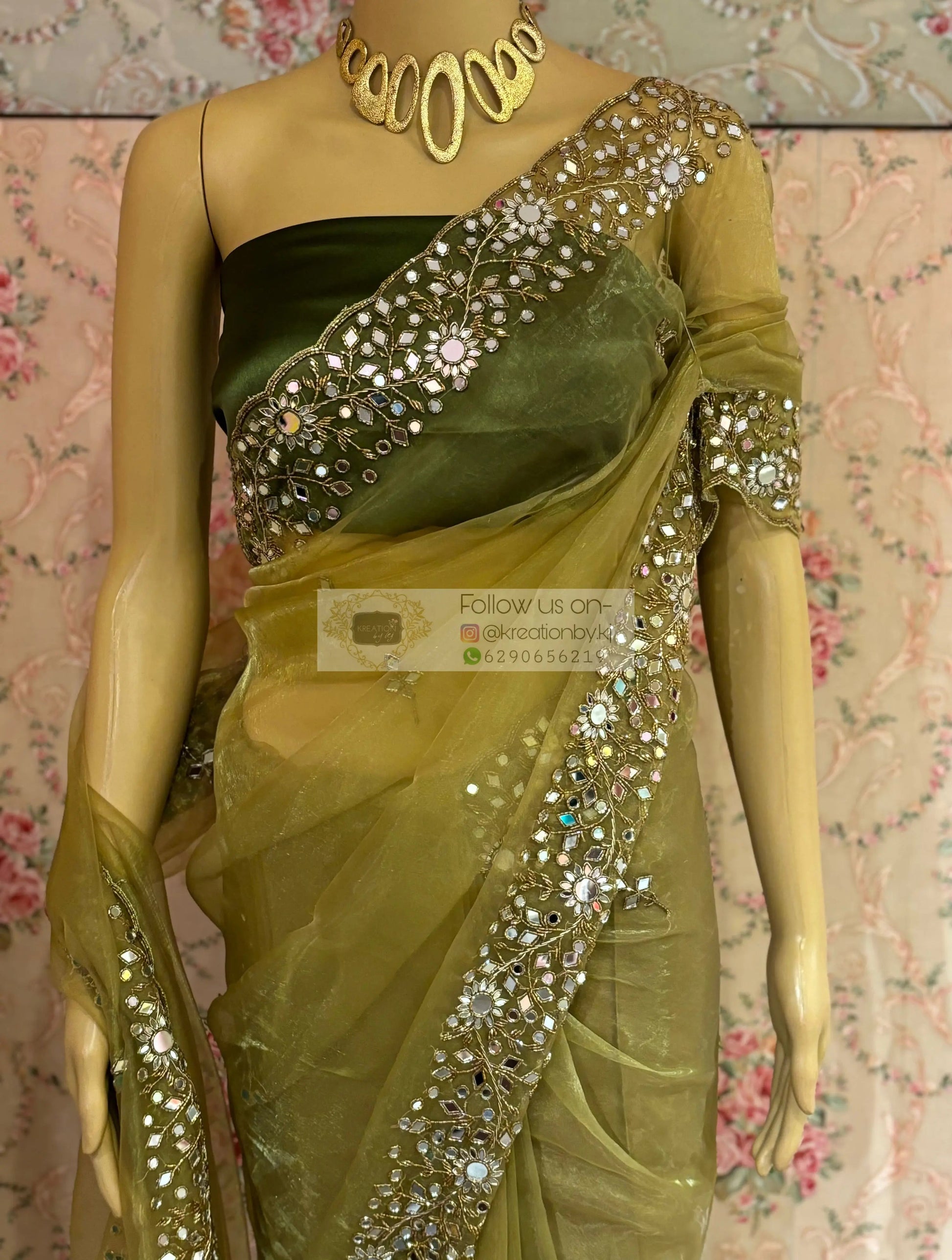 Pista Green Sheesh Mahal Mirror Work Saree kreationbykj