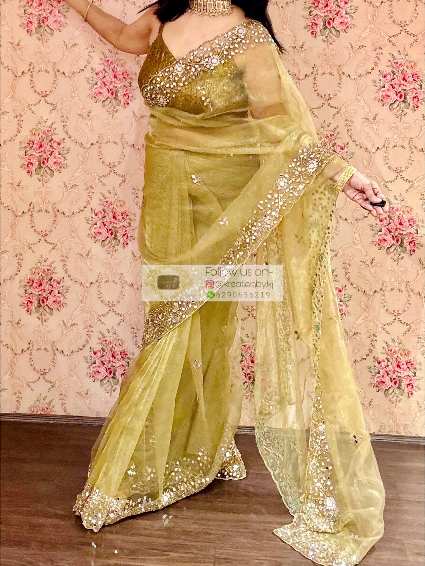 Pista Green Sheesh Mahal Mirror Work Saree kreationbykj