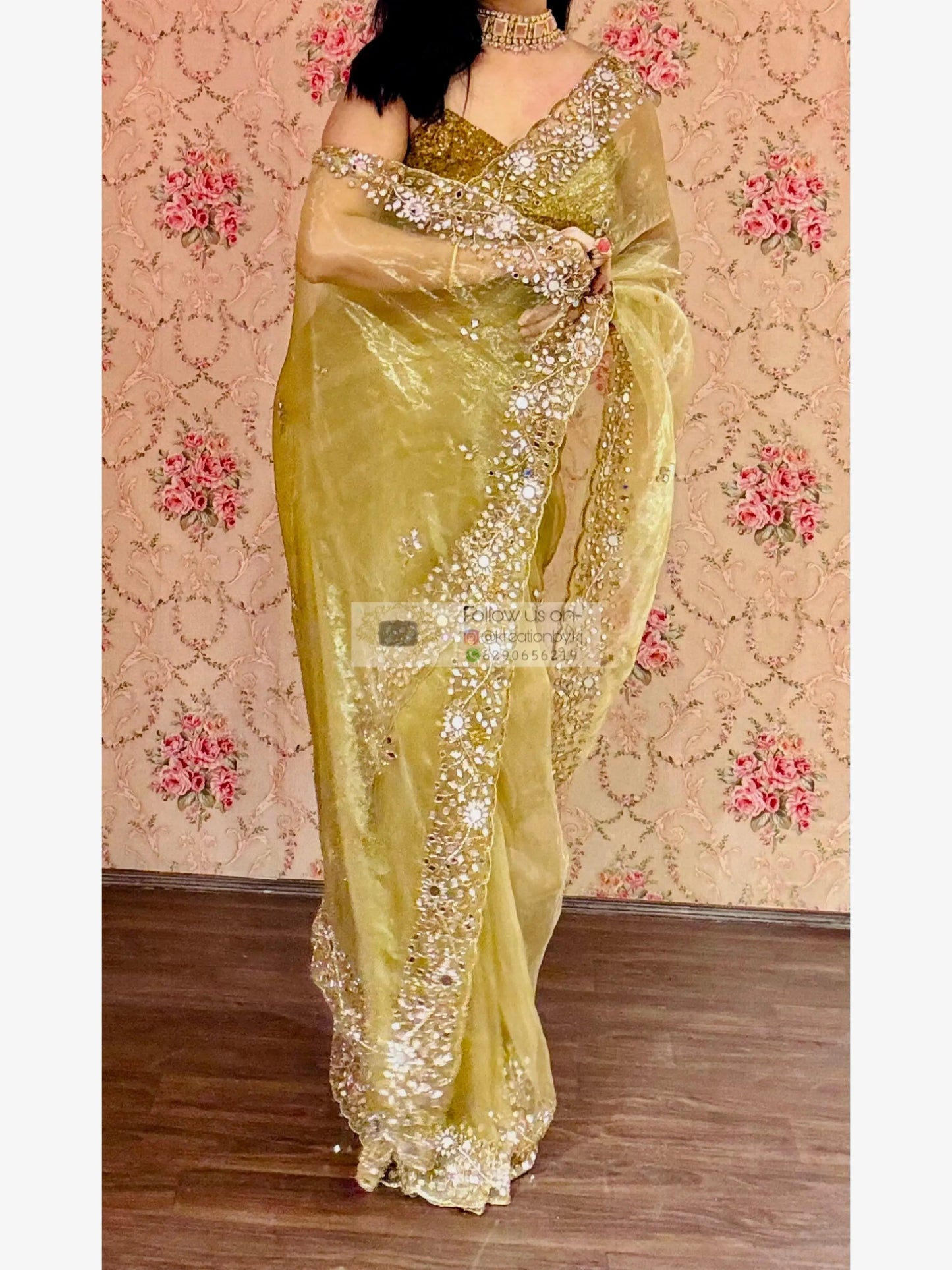 Pista Green Sheesh Mahal Mirror Work Saree kreationbykj