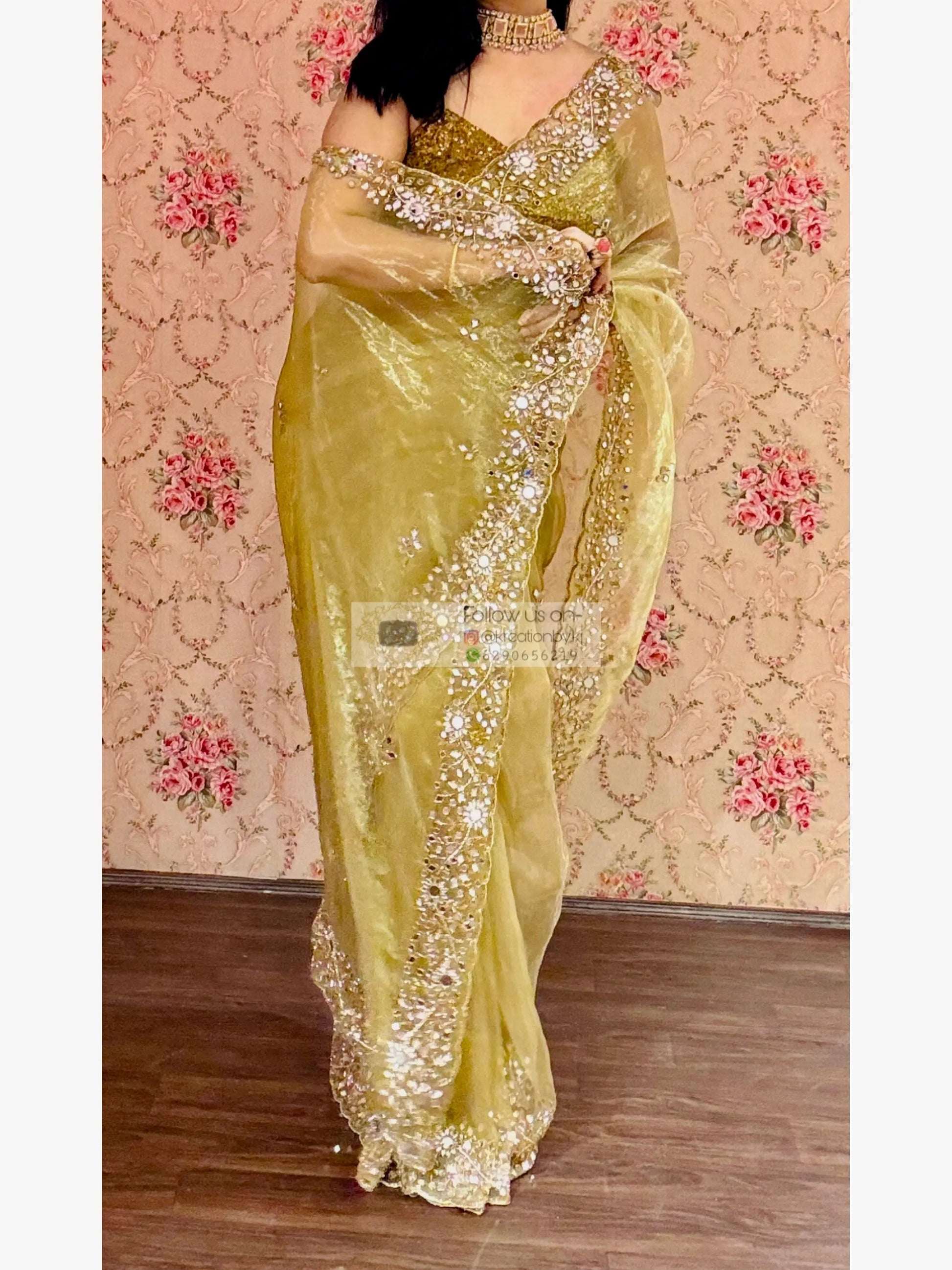 Pista Green Sheesh Mahal Mirror Work Saree kreationbykj