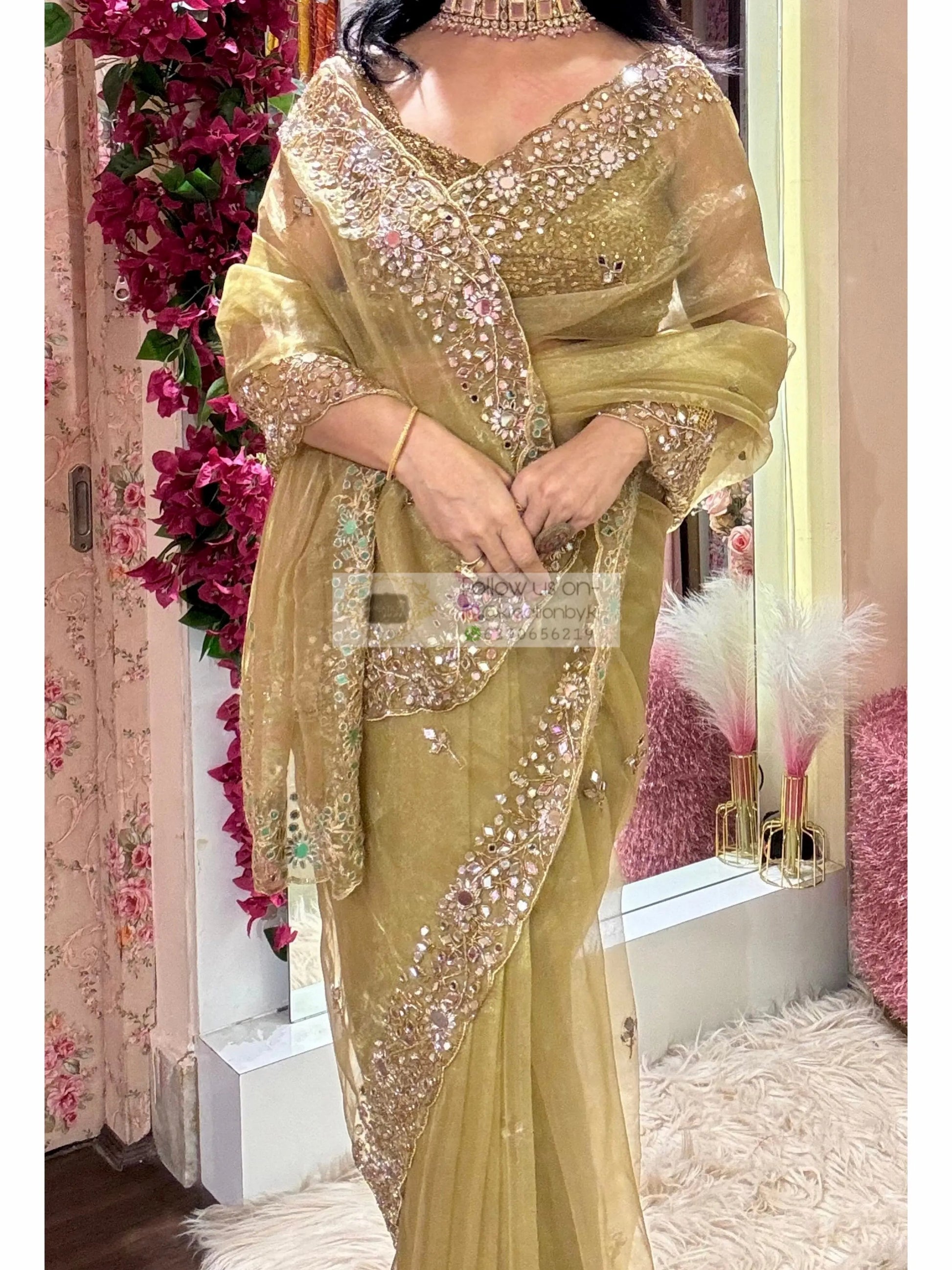 Pista Green Sheesh Mahal Mirror Work Saree kreationbykj
