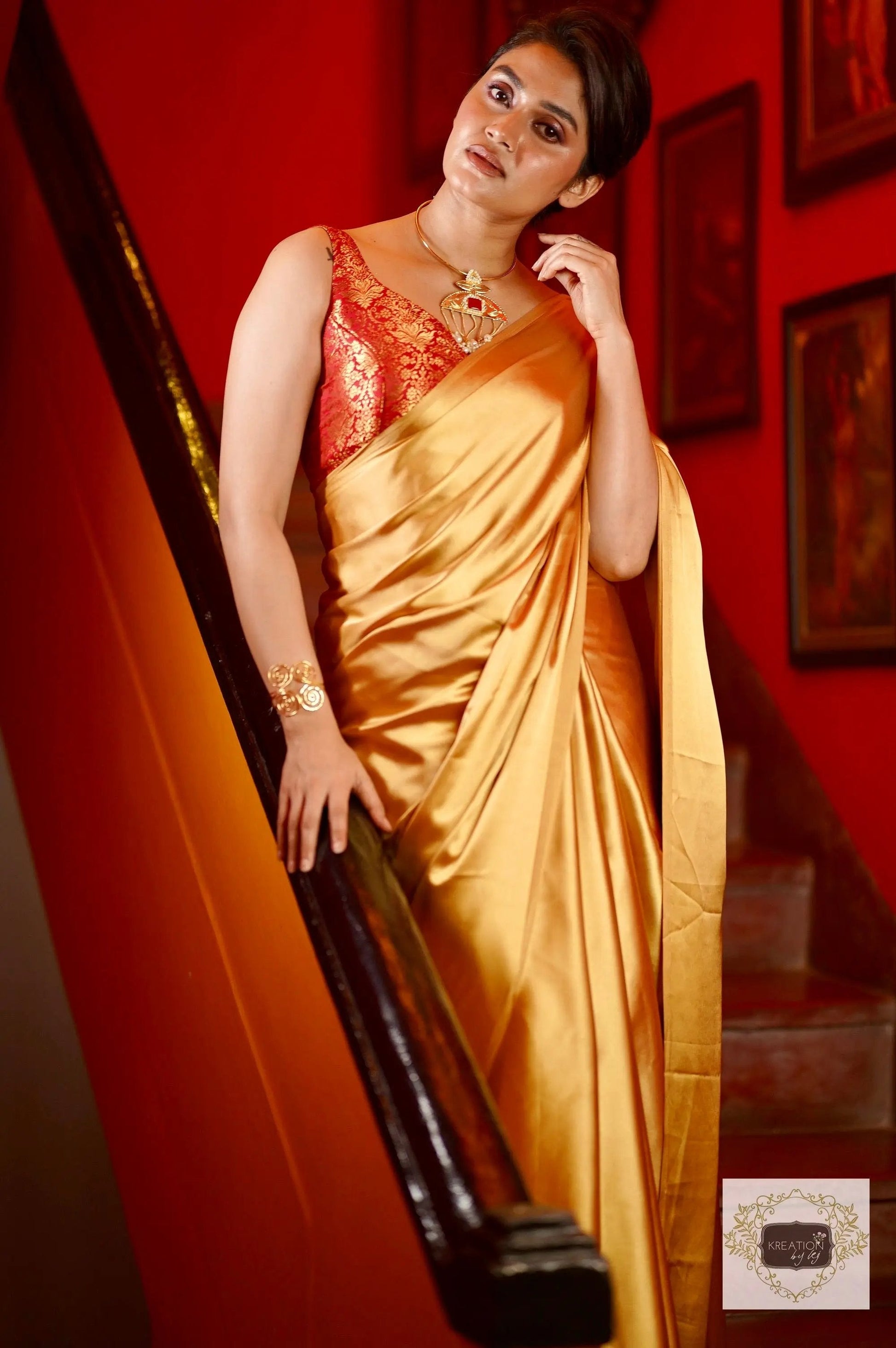 Champagne Gold Satin Saree kreationbykj