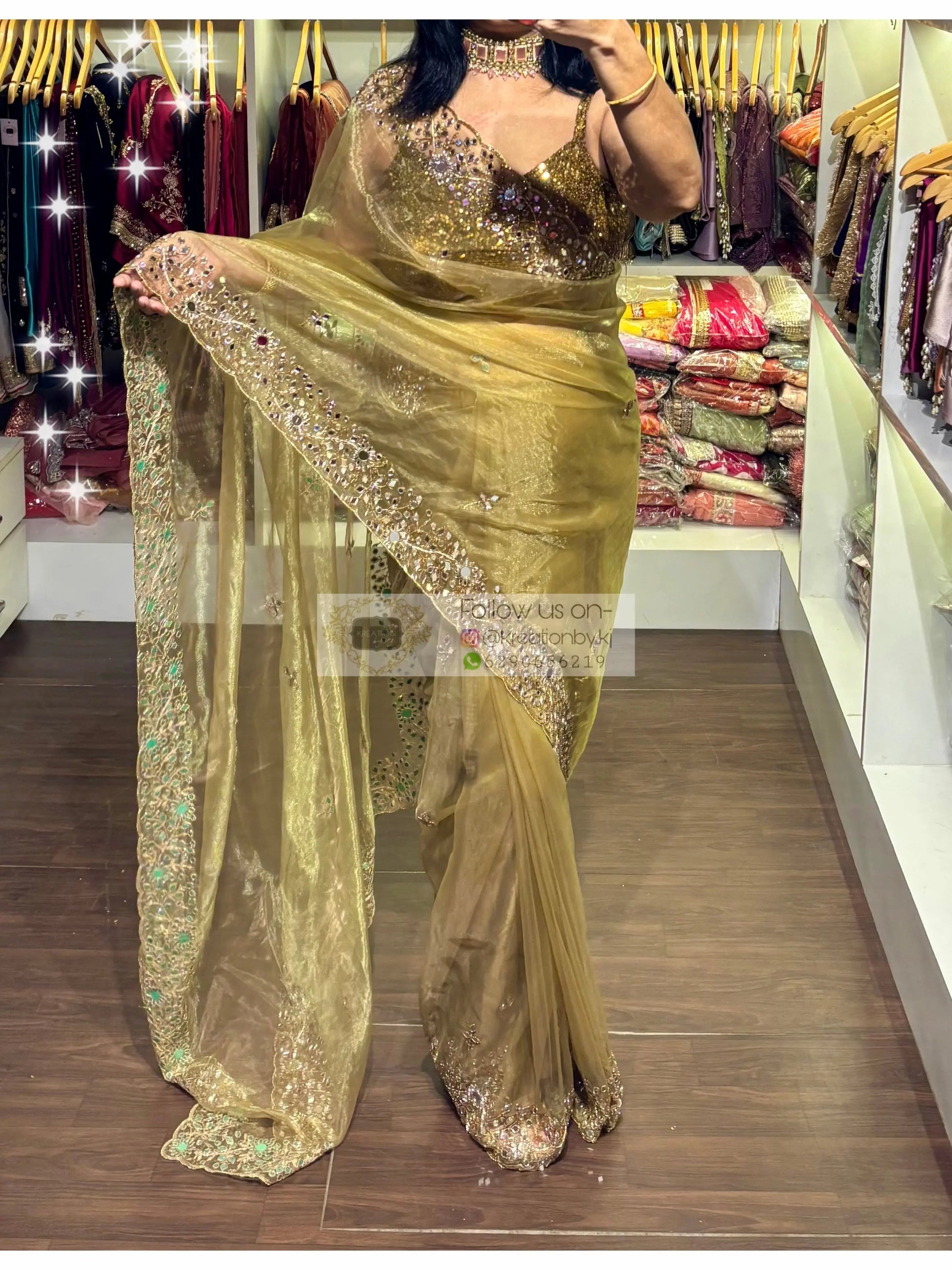 Pista Green Sheesh Mahal Mirror Work Saree kreationbykj