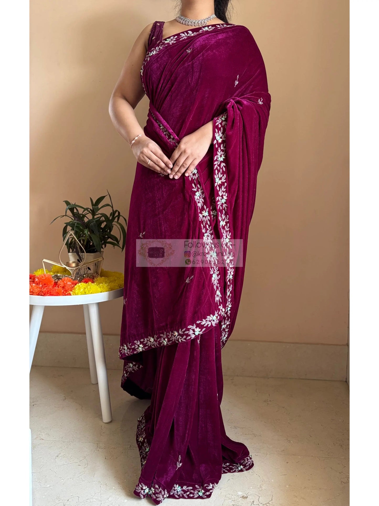 Purple Wine Velvet Chandani Saree with Cutdana Work Kreation by KJ