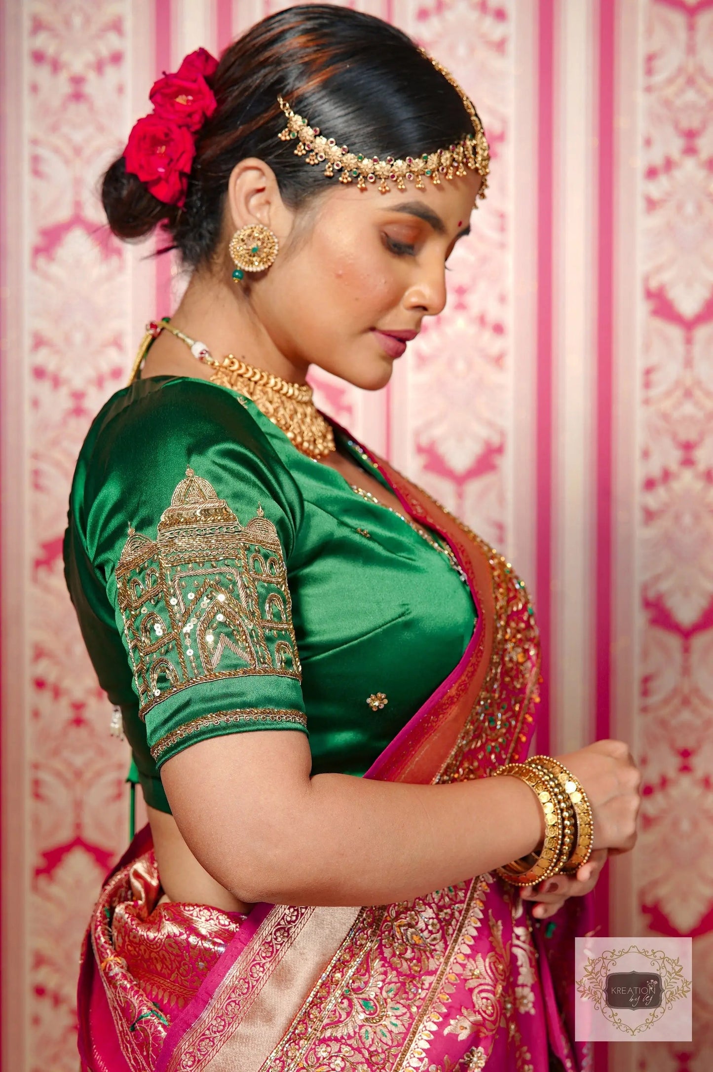 Forest Green Taj Mahal Bridal Blouse Piece kreationbykj