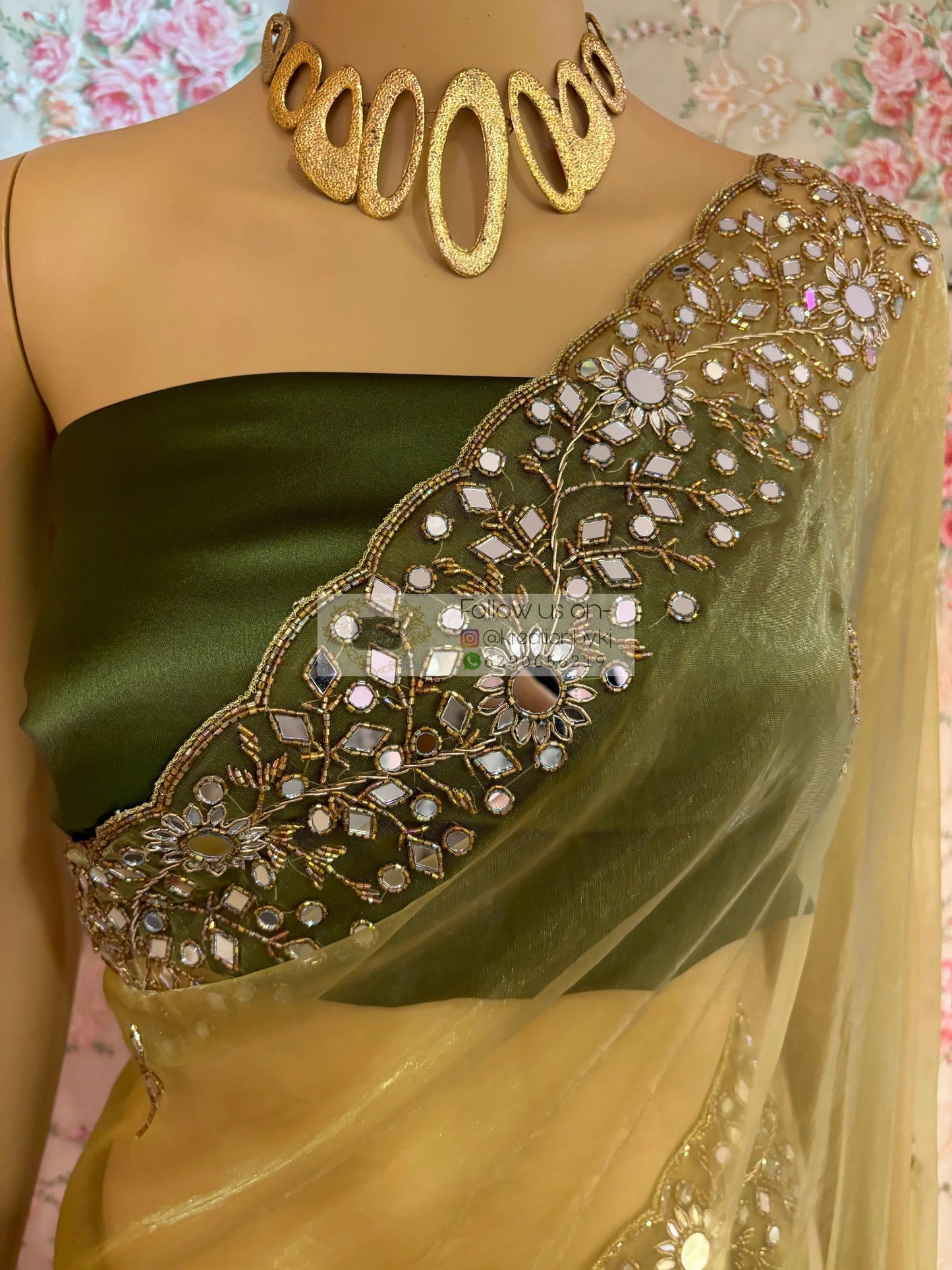 Pista Green Sheesh Mahal Mirror Work Saree kreationbykj