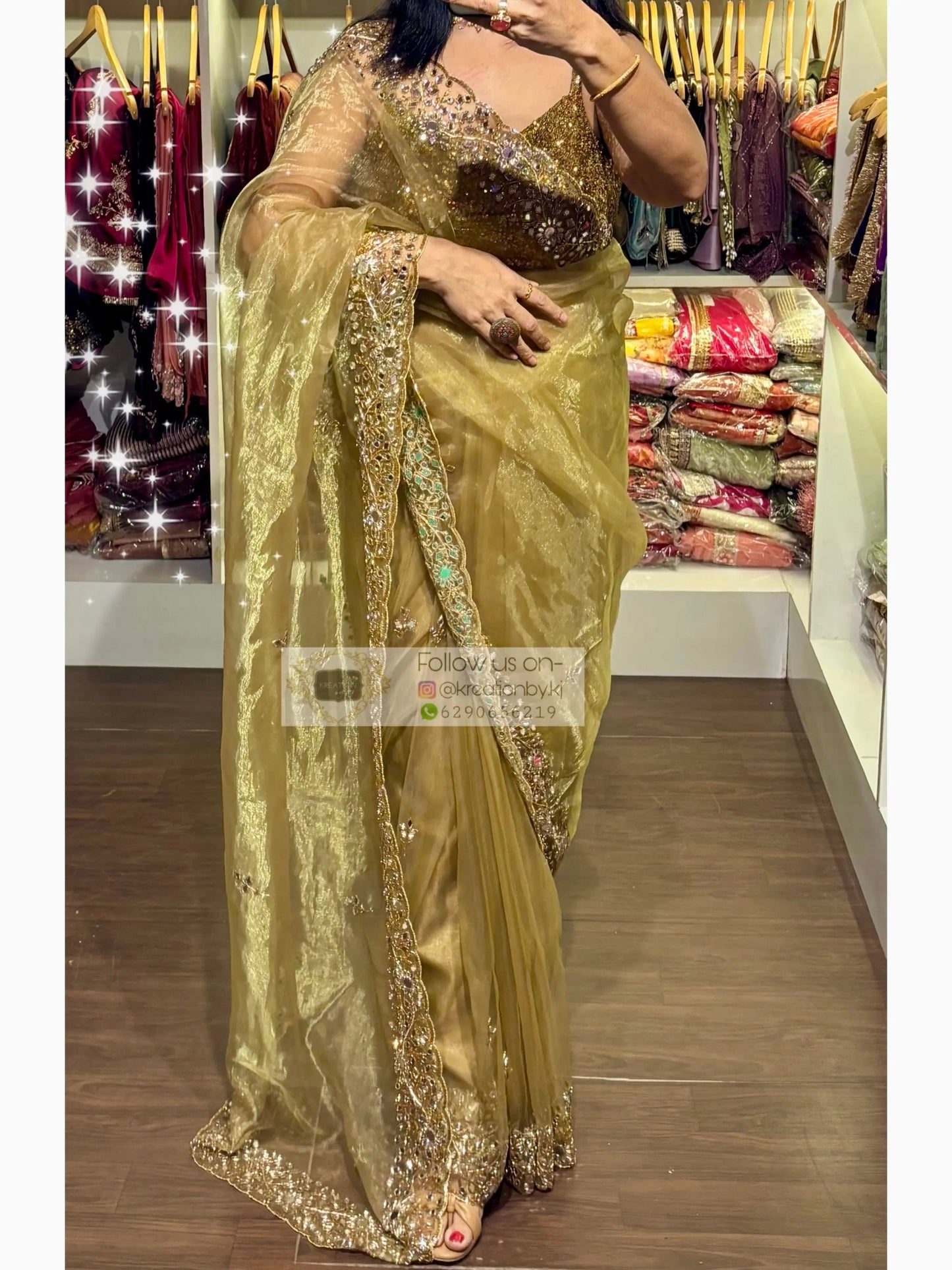 Pista Green Sheesh Mahal Mirror Work Saree kreationbykj