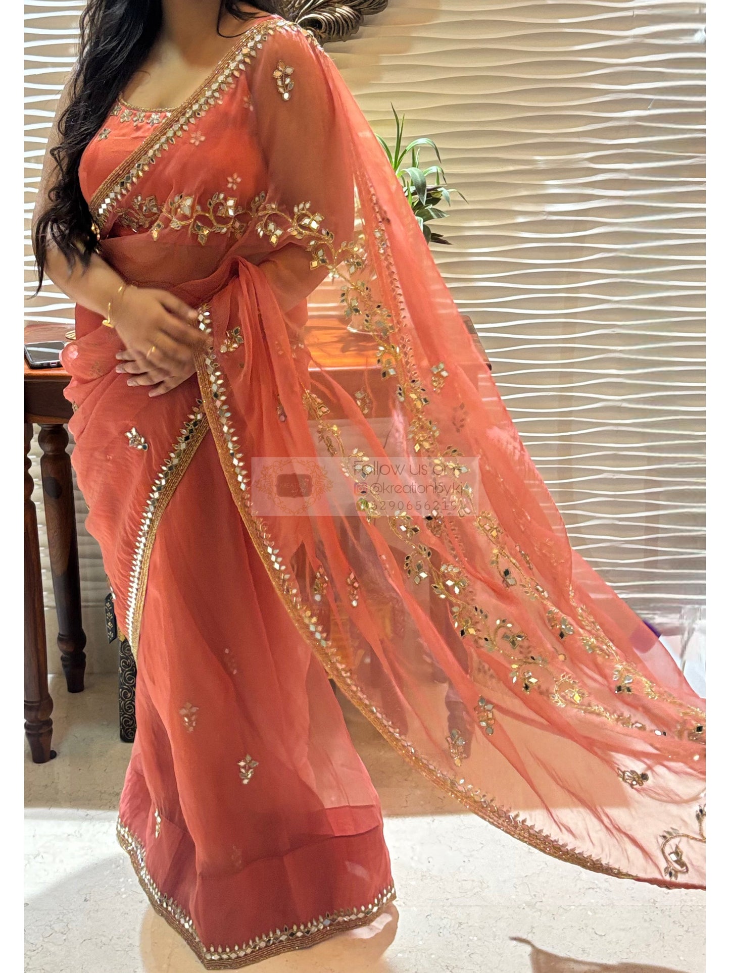 Peach Sheesh Leher Real Mirror Cutwork Saree for My Desi Girl Kreation by KJ
