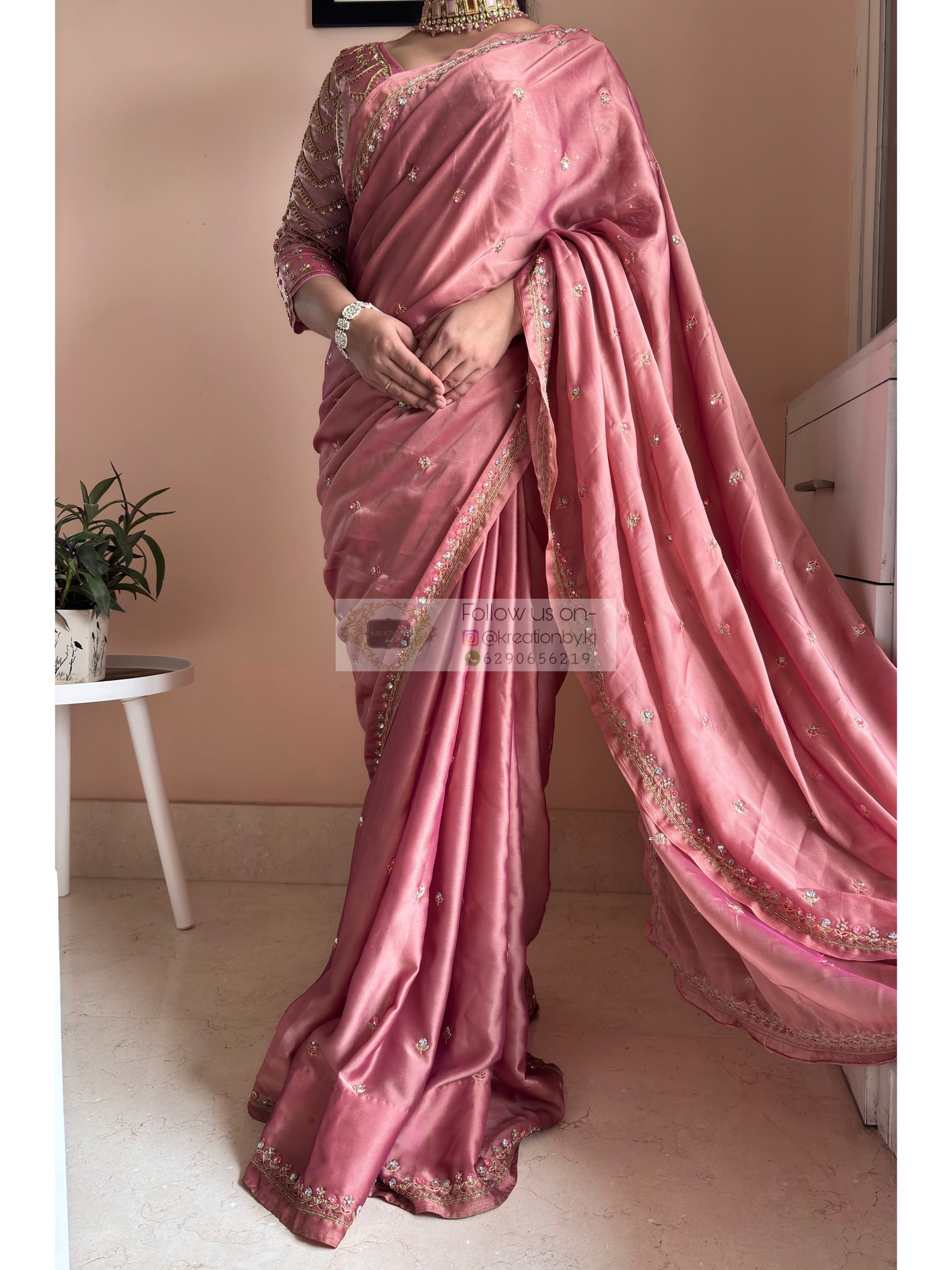 Summer Mauve Pink Handembroidered Saree Kreation by KJ