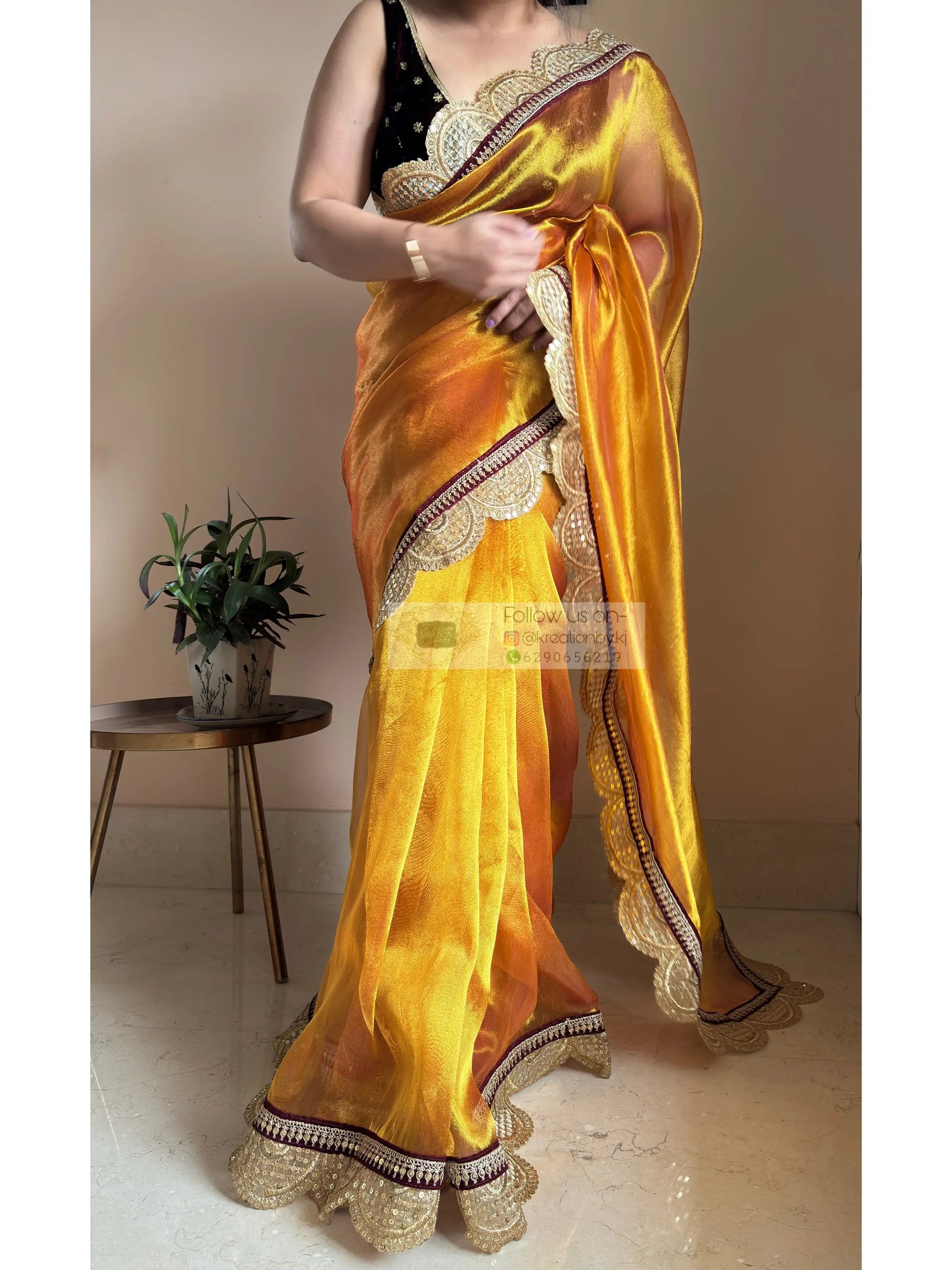Fiery Gold Zari Tissue Mehraab Border Saree kreationbykj