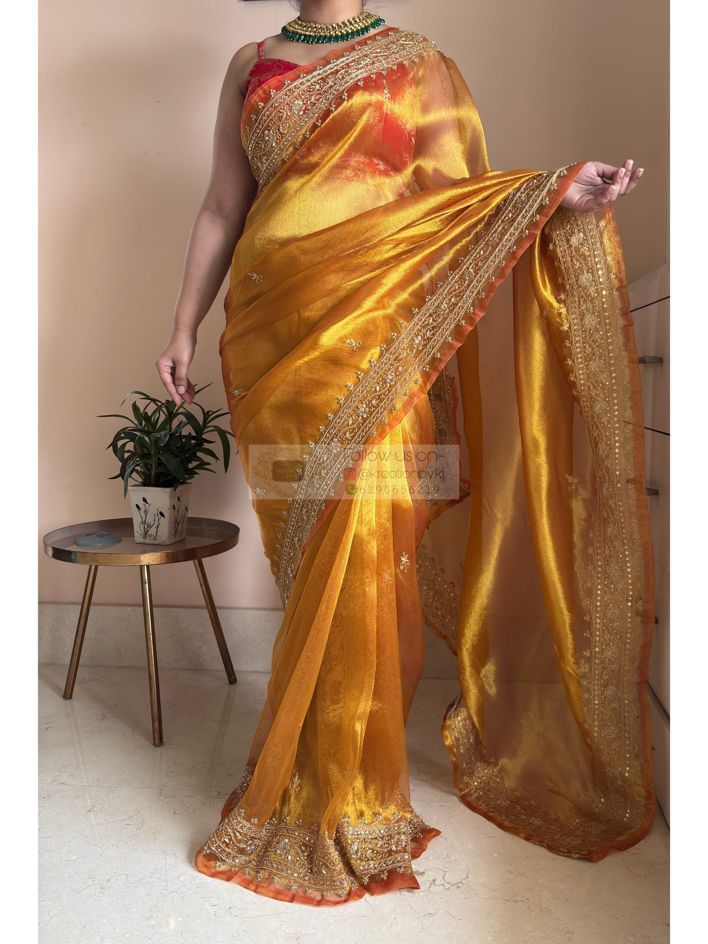Fiery Gold Tissue Zarina Bridal  Saree Kreation by KJ