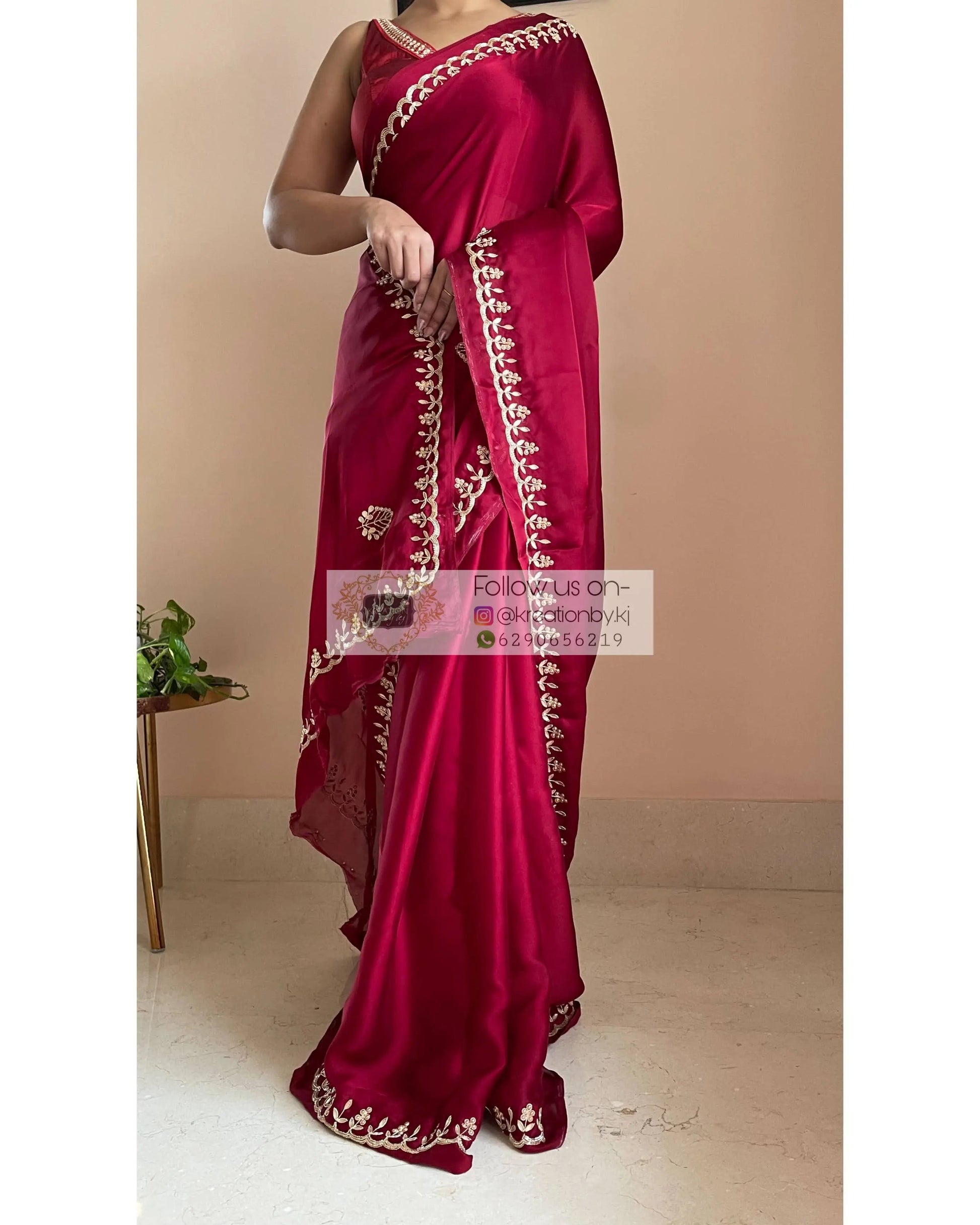 Maroon Crepe Silk Saree With Gota Patti Border - kreationbykj