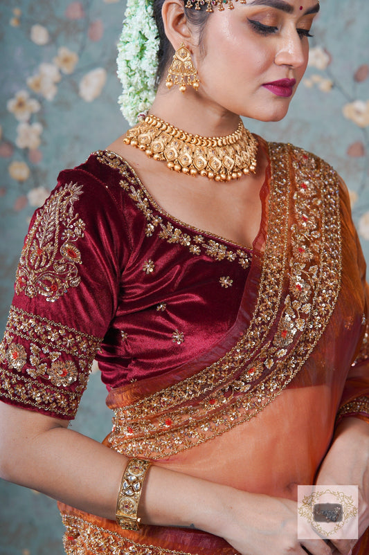 Burgundy Velvet Bridal Blouse Piece with Zardosi Work