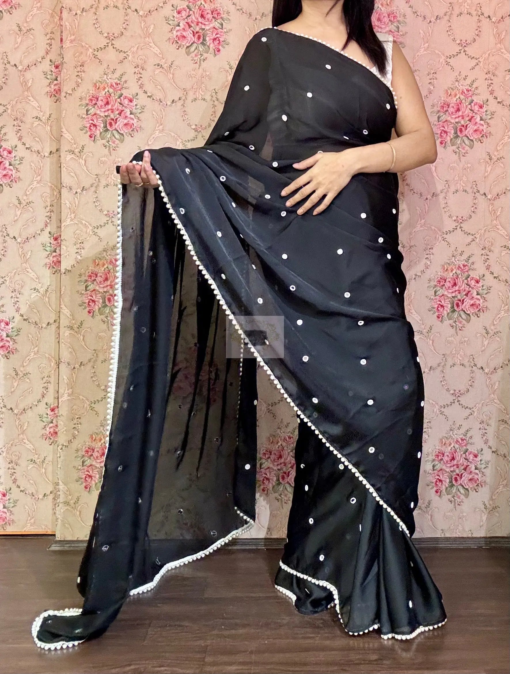 Chandani Raat Black Georgette Saree - kreationbykj