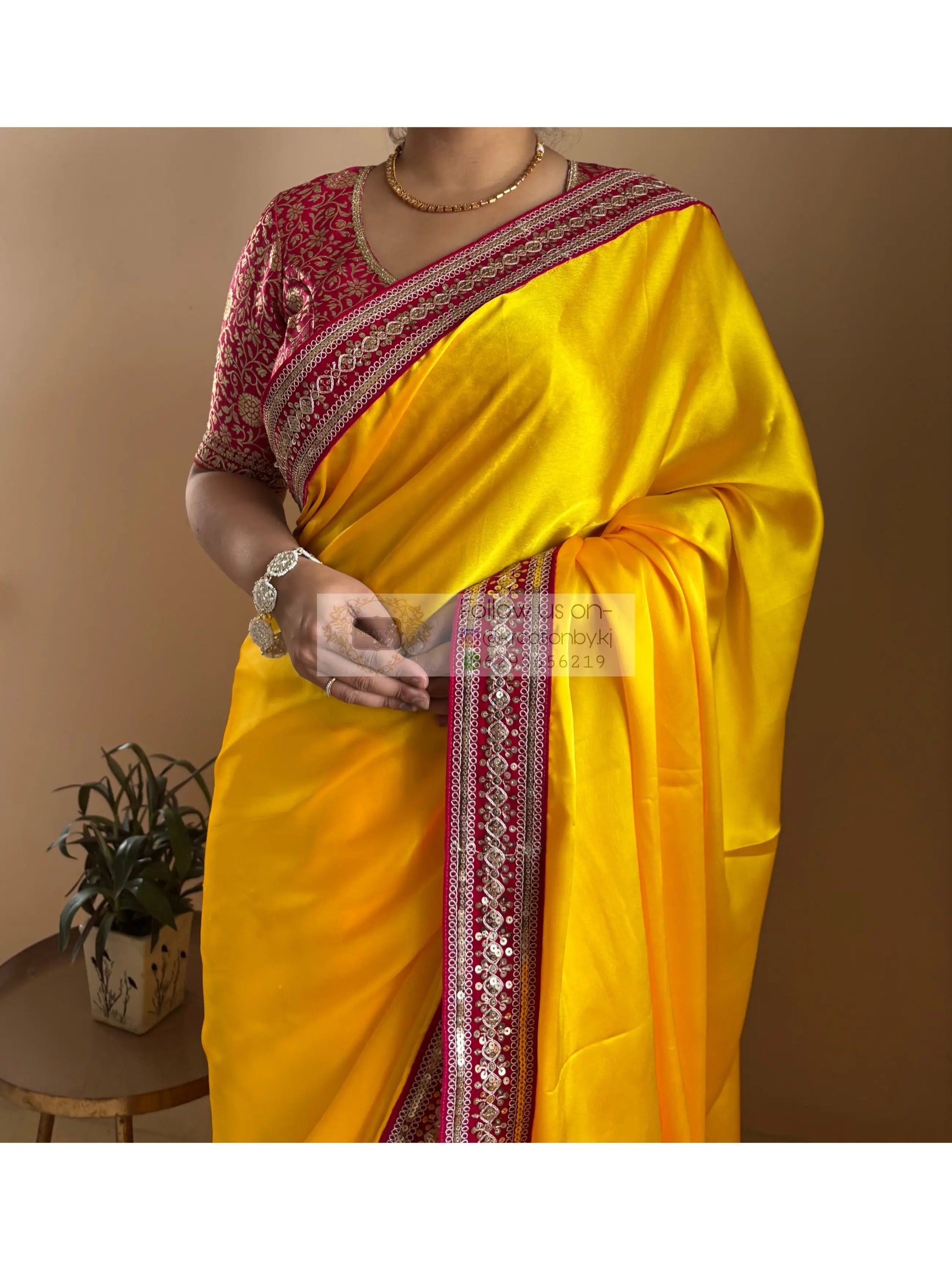 Yellow Satin Silk Saree with Pink Border - kreationbykj