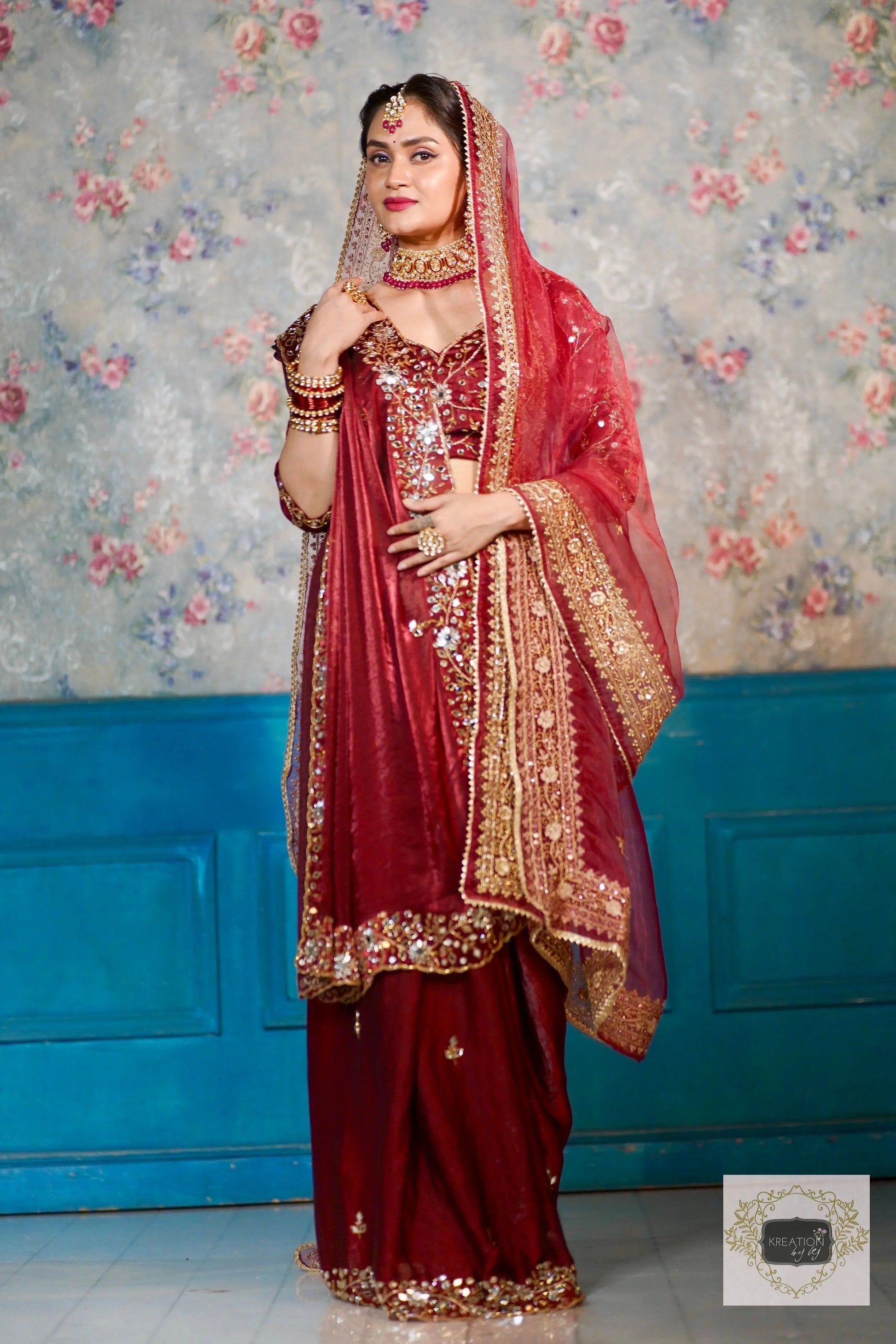 Maroon Sheesh Mahal Saree kreationbykj
