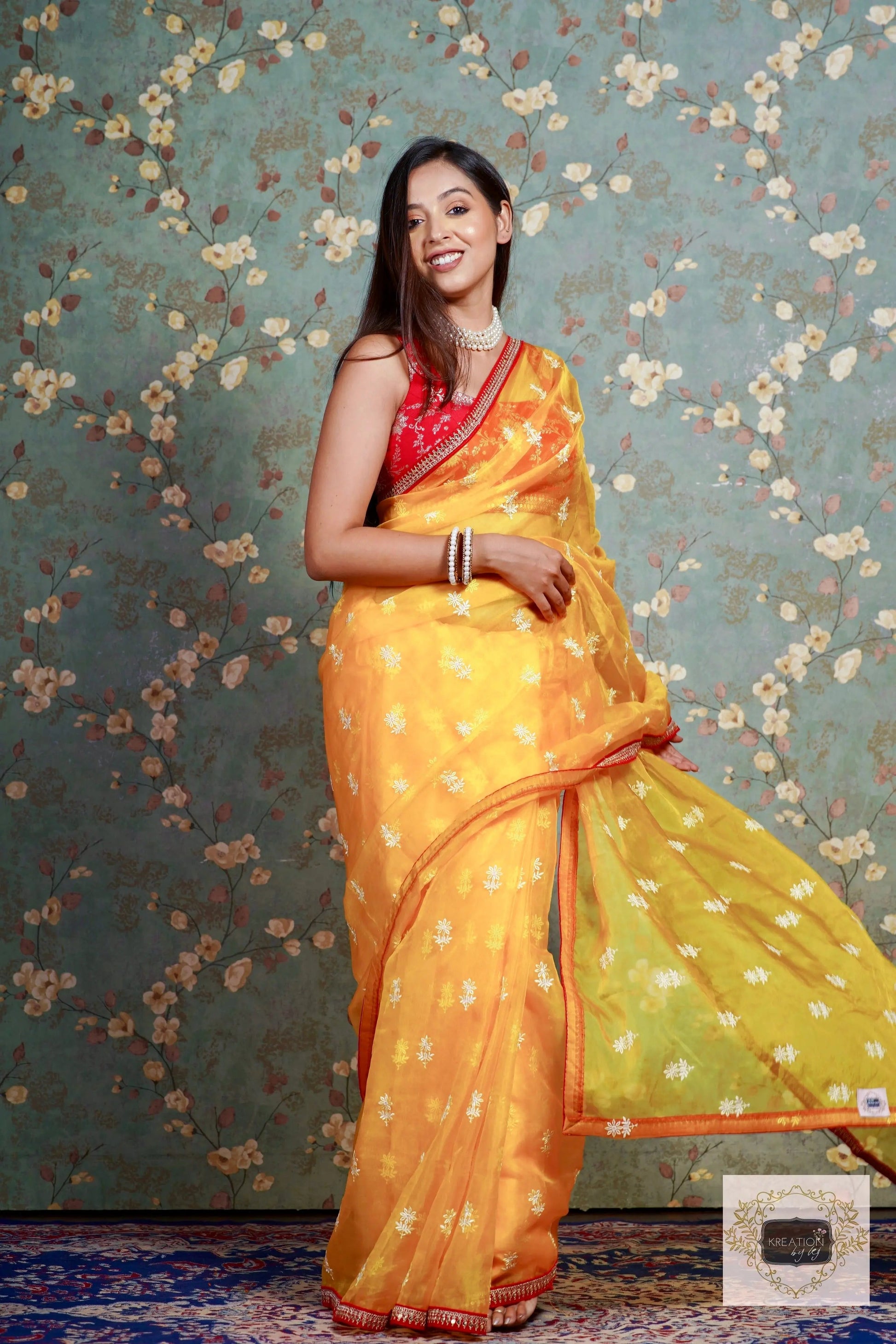 Yellow Snow Drop Organza saree For Haldi kreationbykj