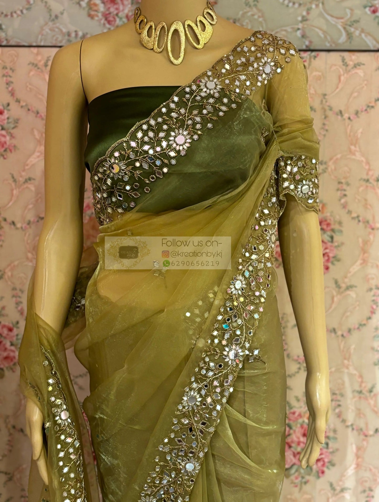 Pista Green Sheesh Mahal Mirror Work Saree kreationbykj