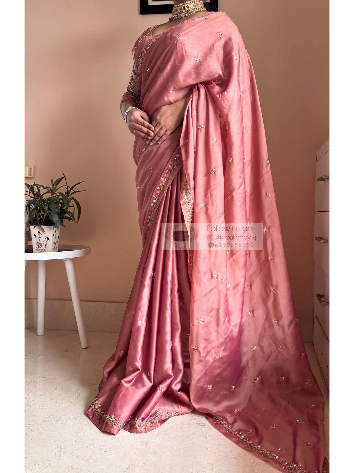 Summer Mauve Pink Handembroidered Saree Kreation by KJ