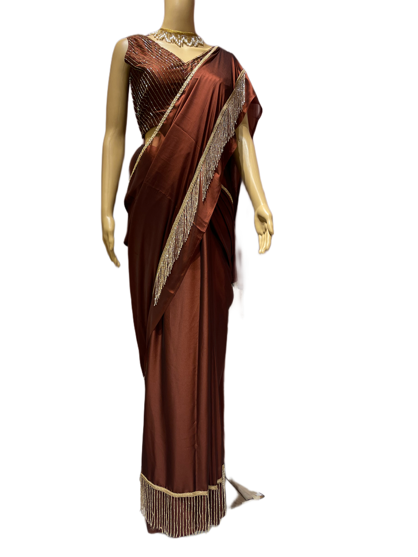 Coffee Brown Charm Tassels Cocktail Saree kreationbykj