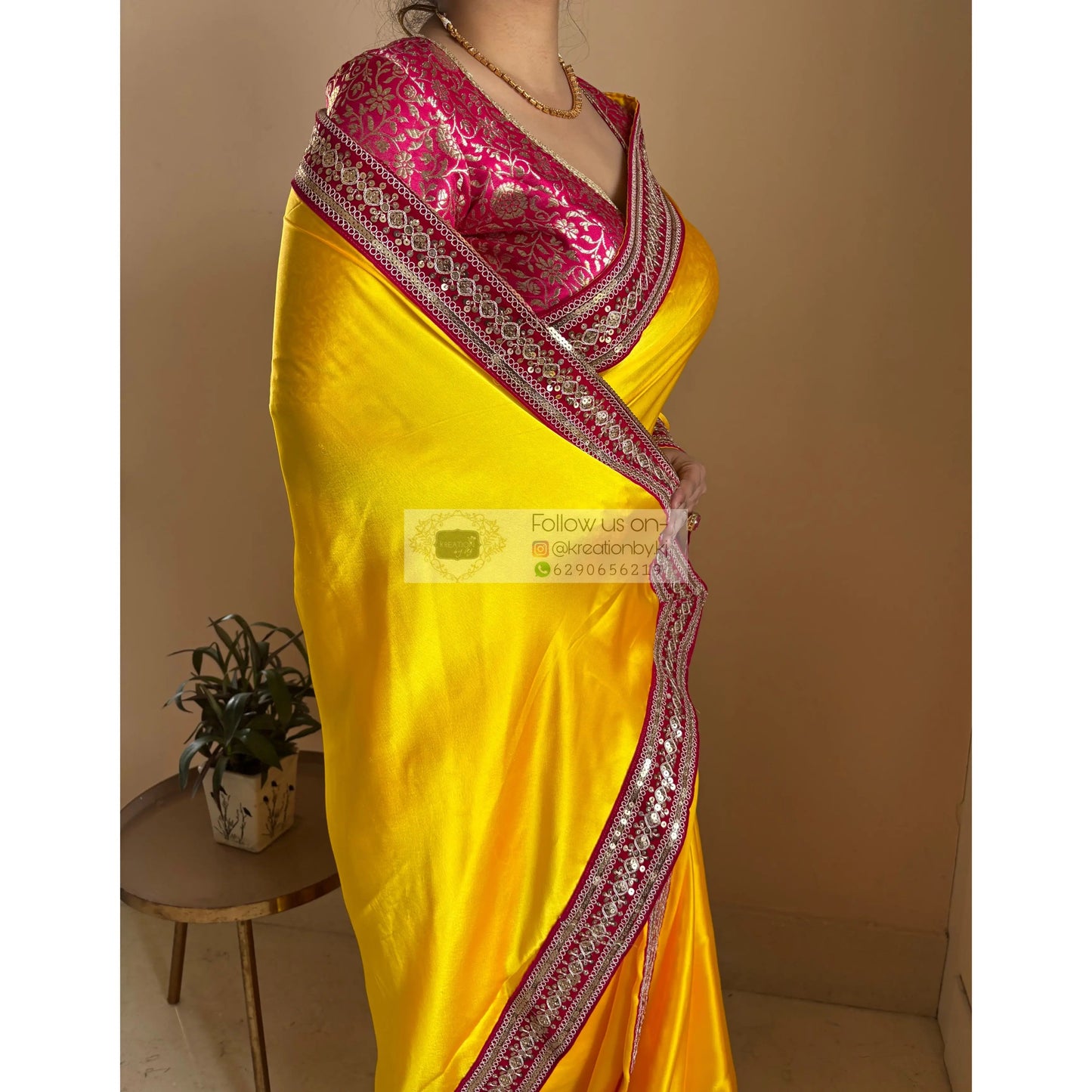 Yellow Satin Silk Saree with Pink Border - kreationbykj