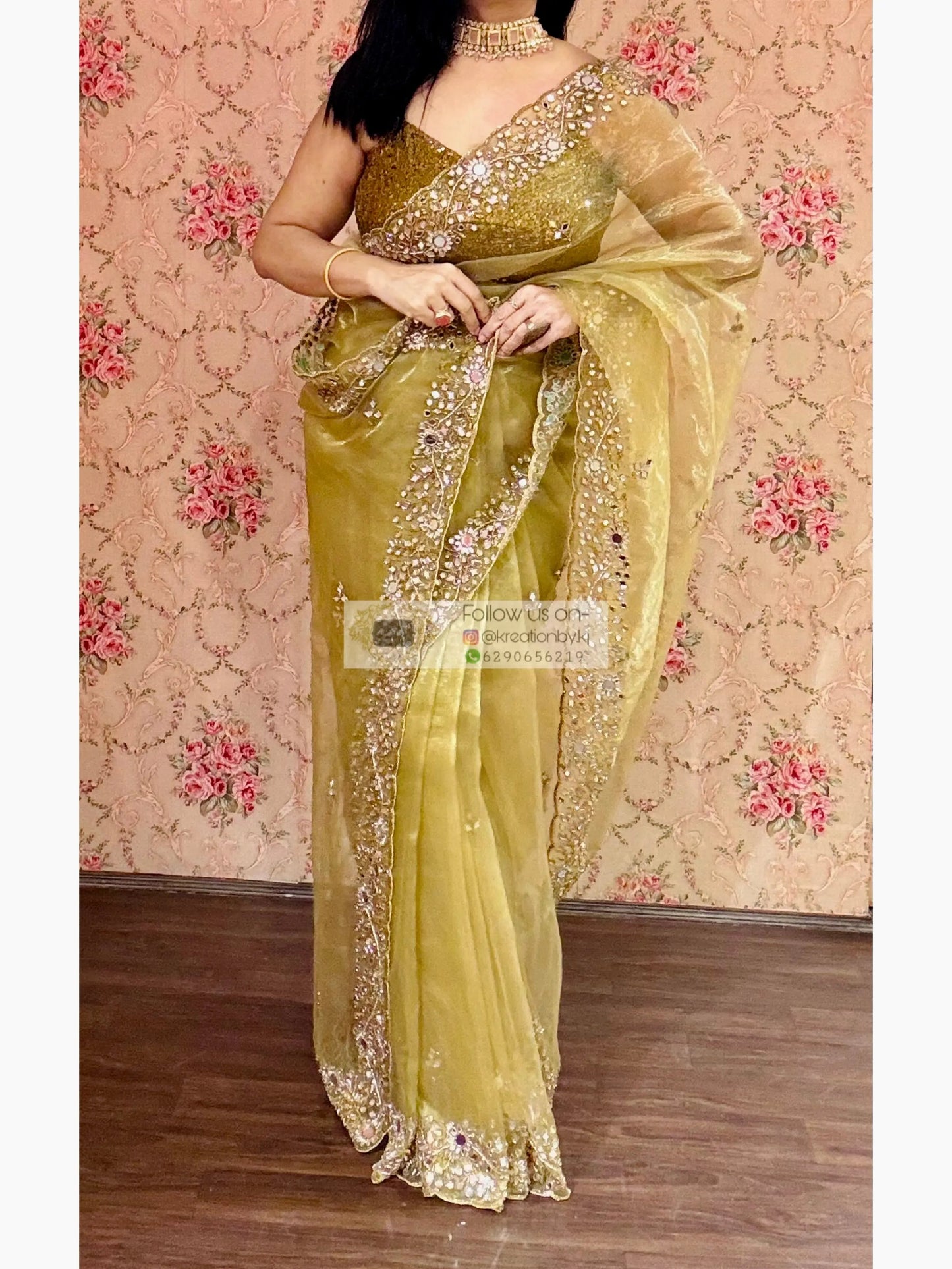 Pista Green Sheesh Mahal Mirror Work Saree kreationbykj
