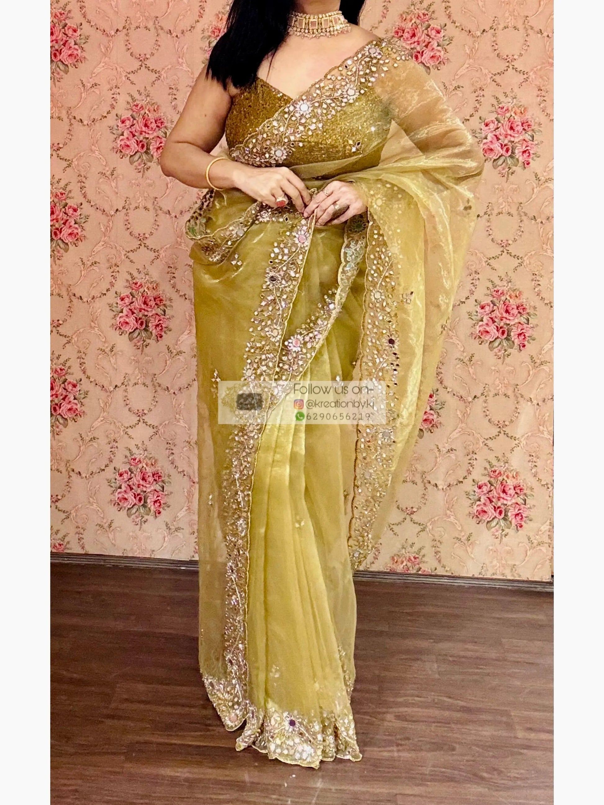 Pista Green Sheesh Mahal Mirror Work Saree kreationbykj