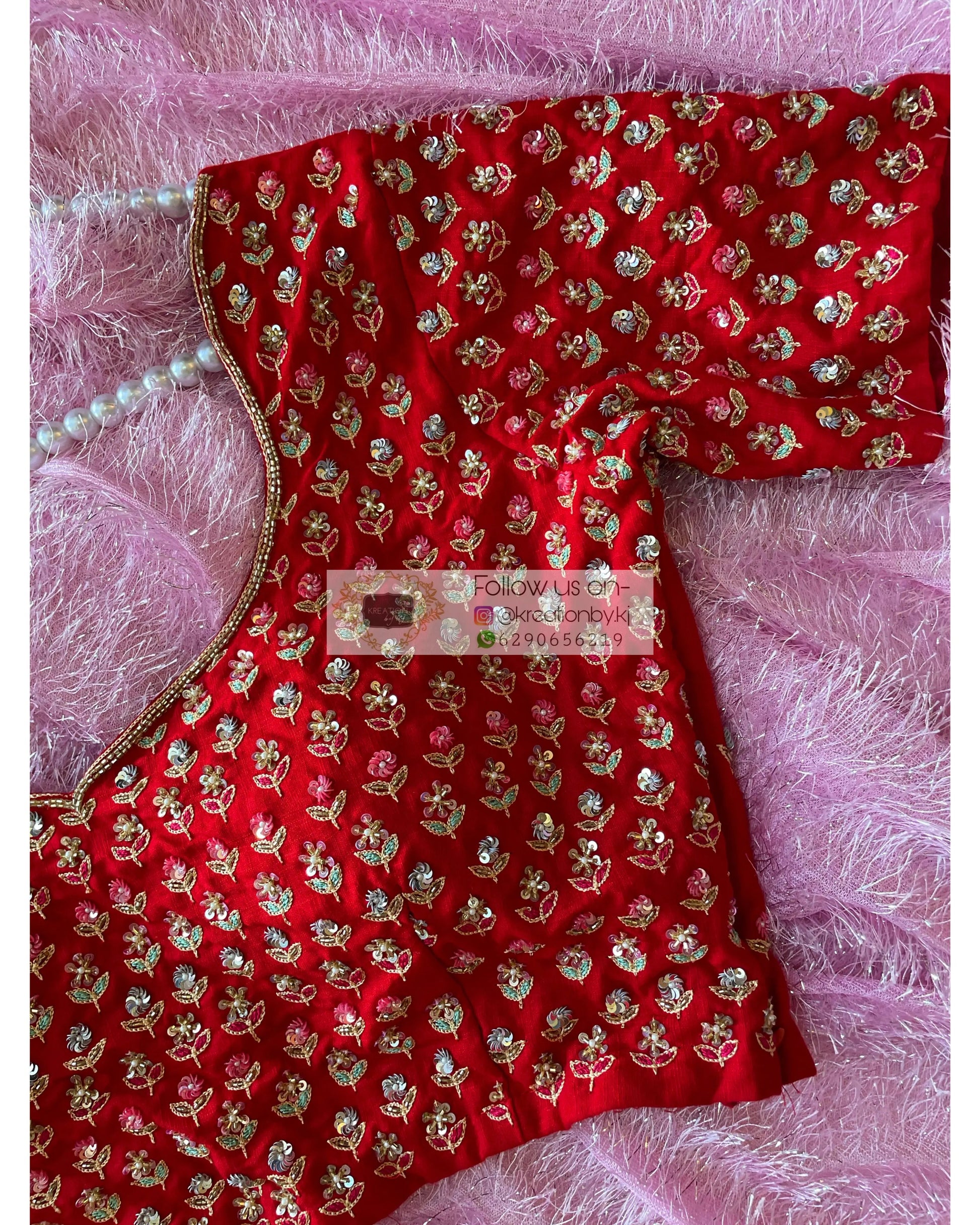 Red Handembroidered Floral Bridal Blouse Piece kreationbykj
