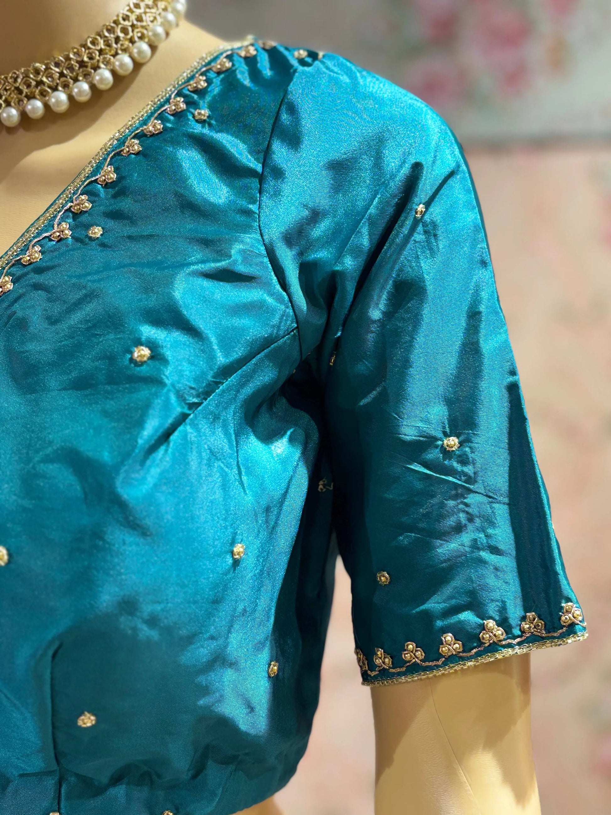 Teal Blue Silk Blouse With Embroidery kreationbykj