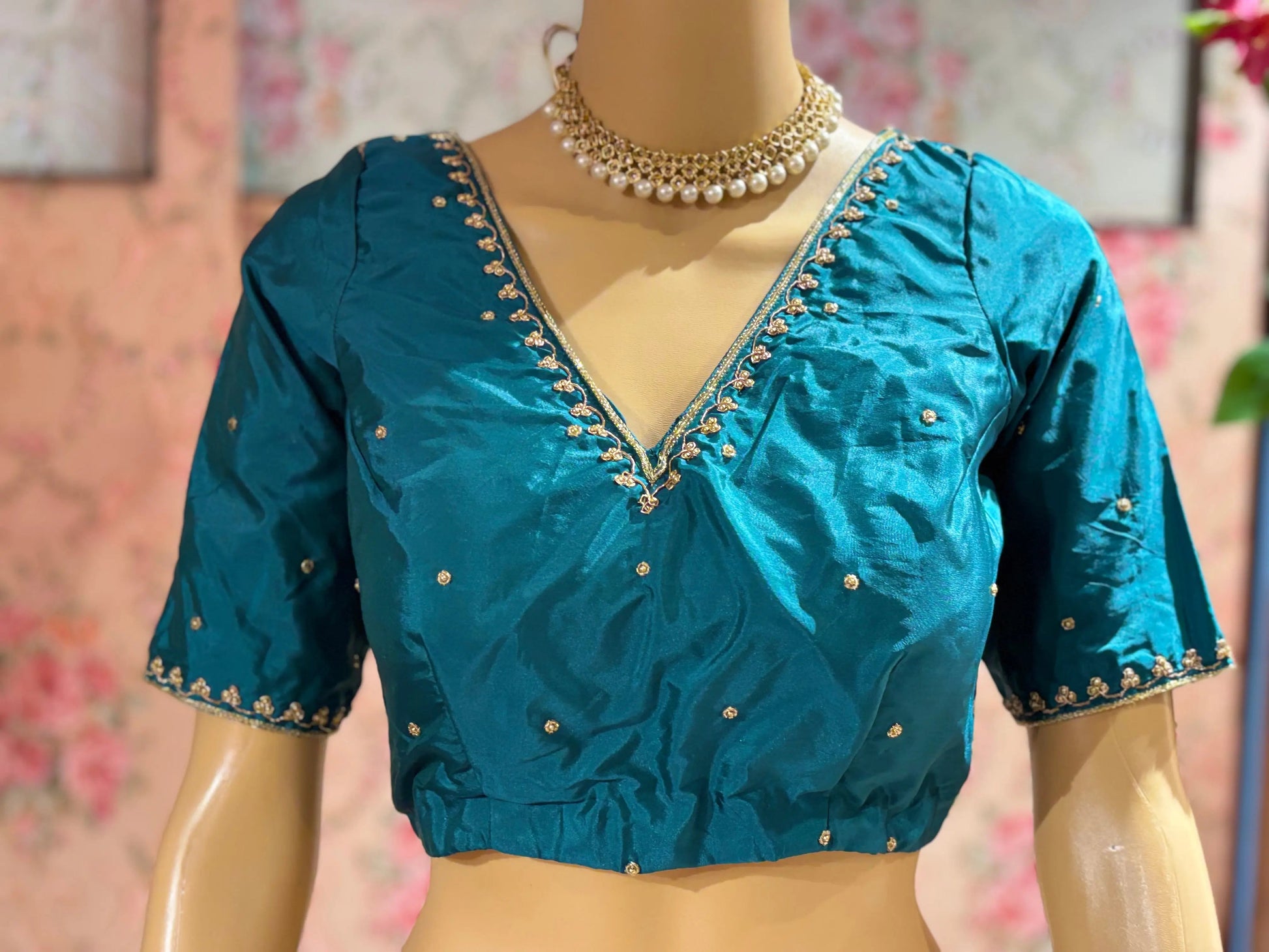 Teal Blue Silk Blouse With Embroidery kreationbykj