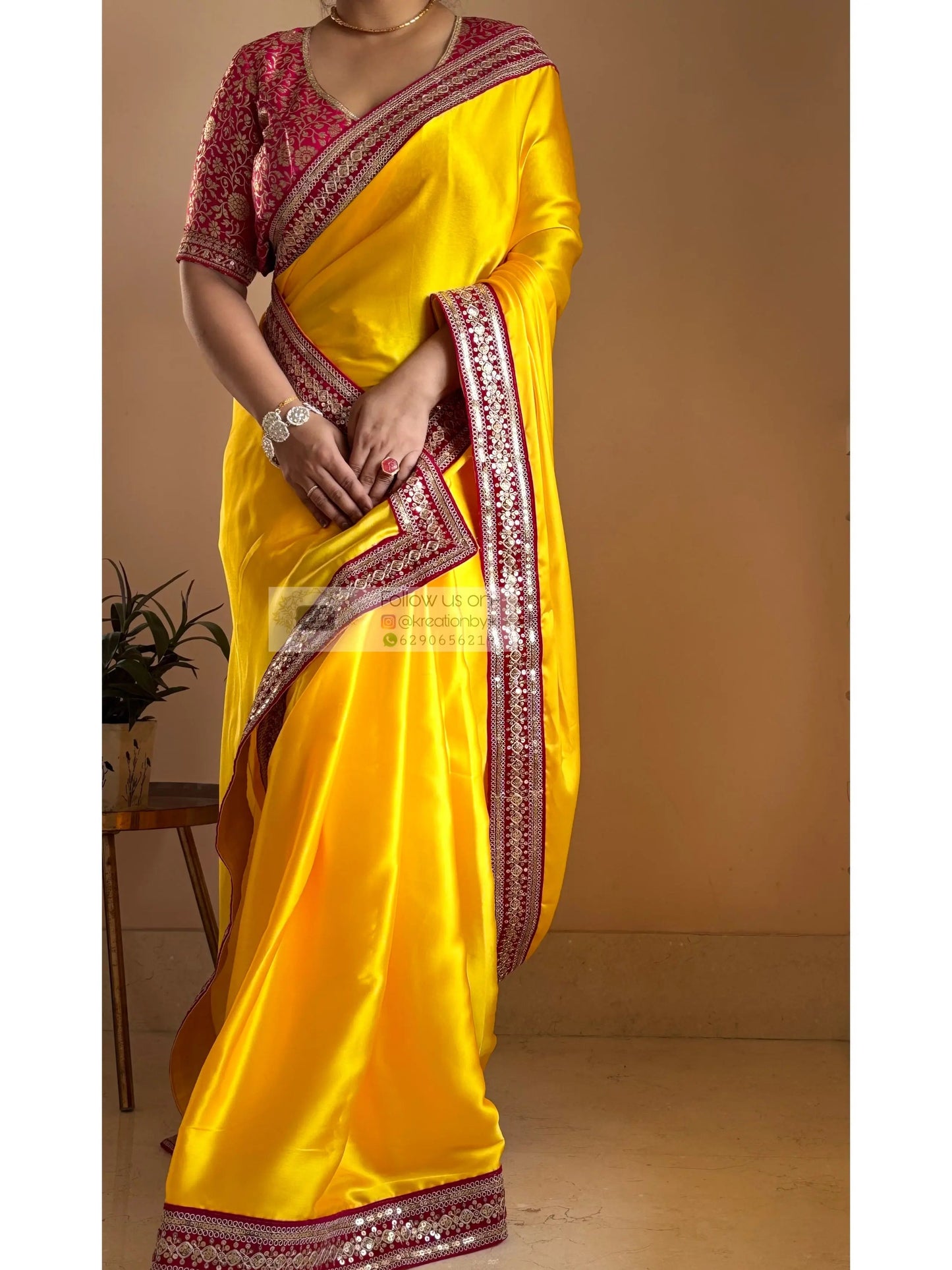 Yellow Satin Silk Saree with Pink Border - kreationbykj