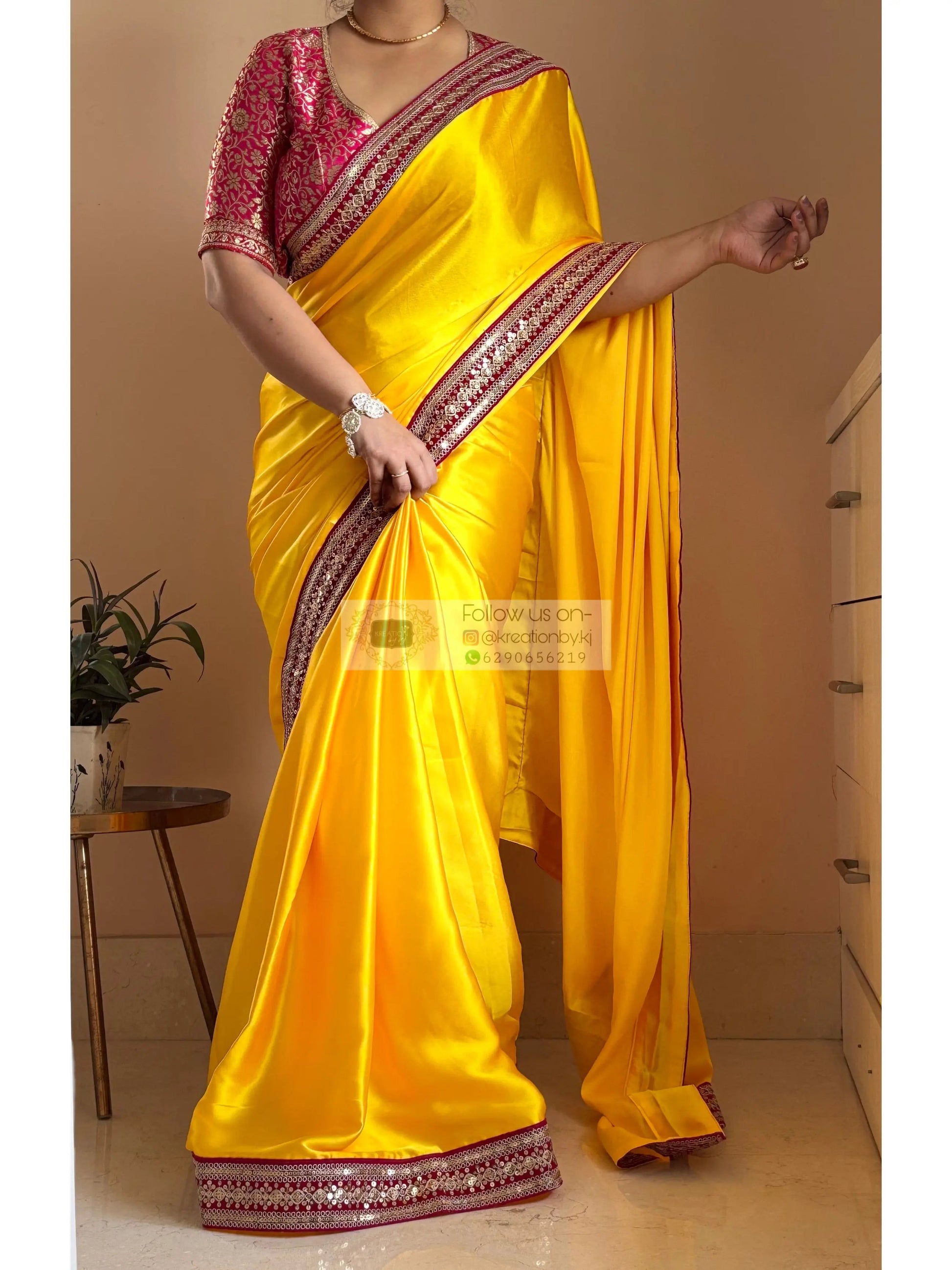 Yellow Satin Silk Saree with Pink Border - kreationbykj