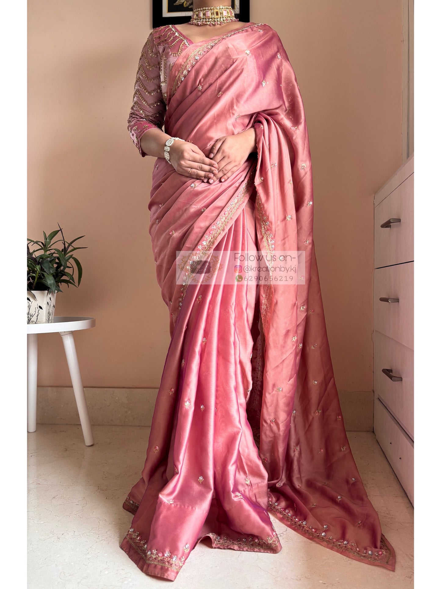 Summer Mauve Pink Handembroidered Saree Kreation by KJ