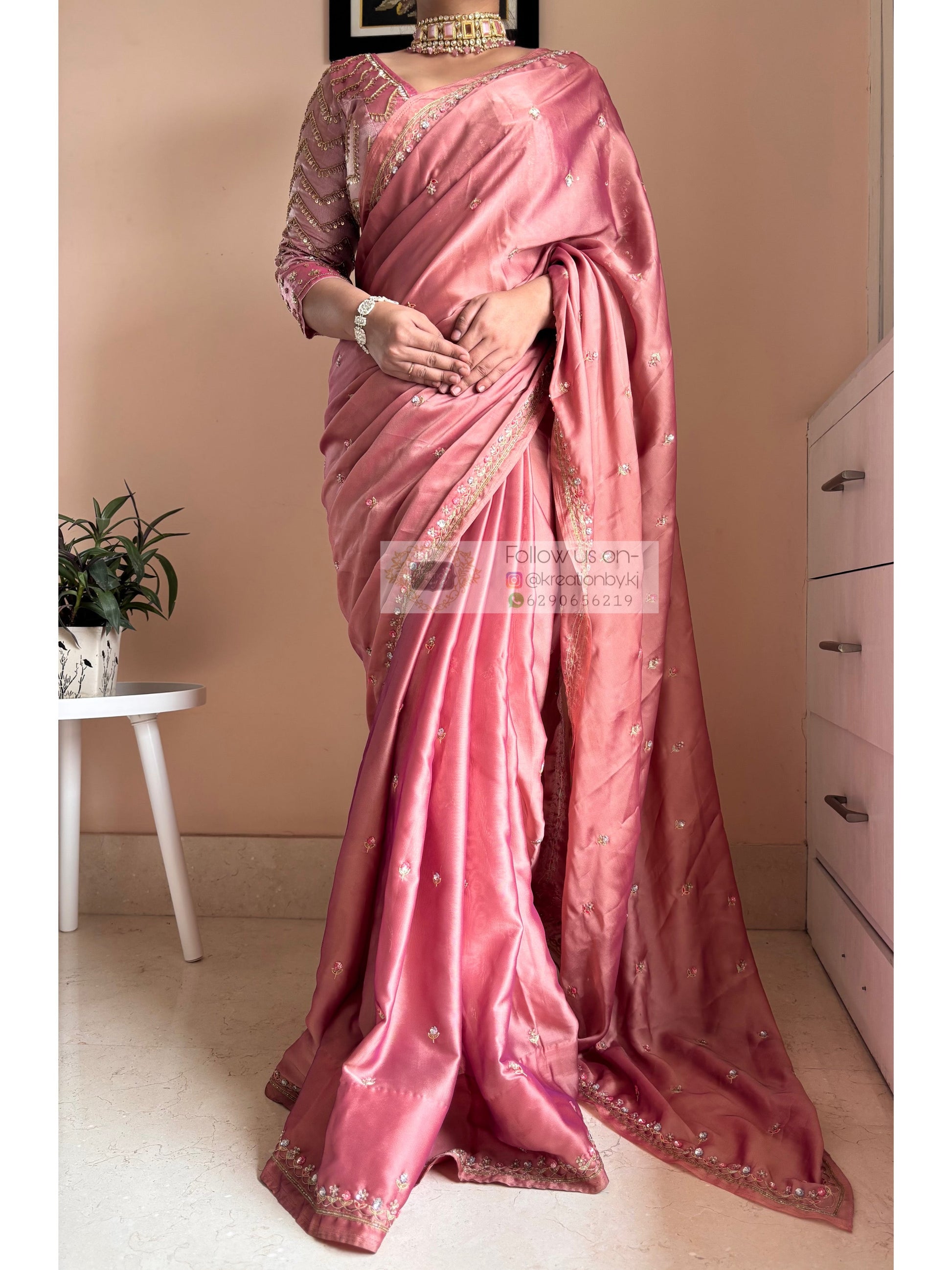 Summer Mauve Pink Handembroidered Saree Kreation by KJ