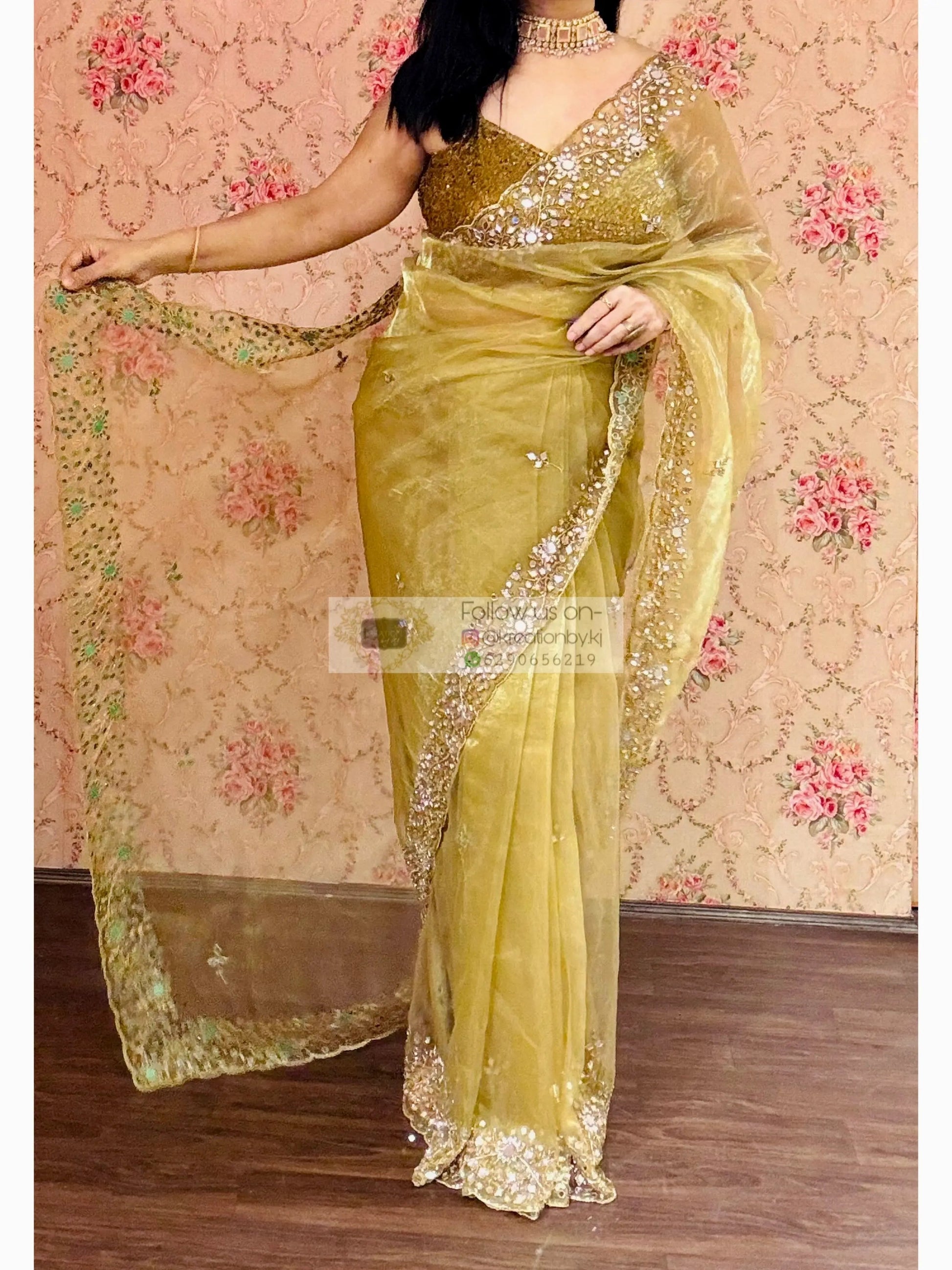 Pista Green Sheesh Mahal Mirror Work Saree kreationbykj