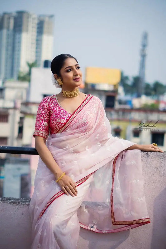 Blush Pink Organza Saree with Rani Pink Border kreationbykj