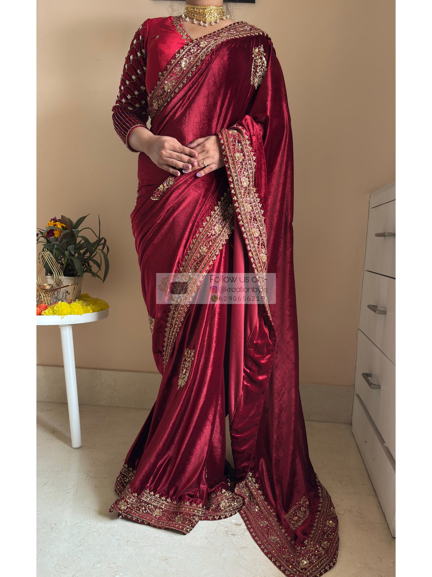Naaz Burgundy Velvet Saree