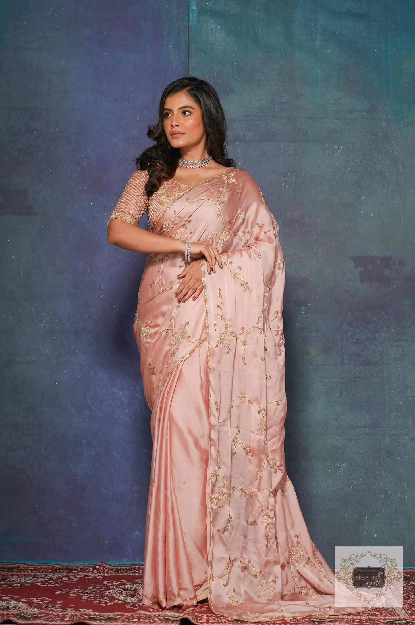 Onion Pink Crepe Silk Zardozi Jaal Saree kreationbykj