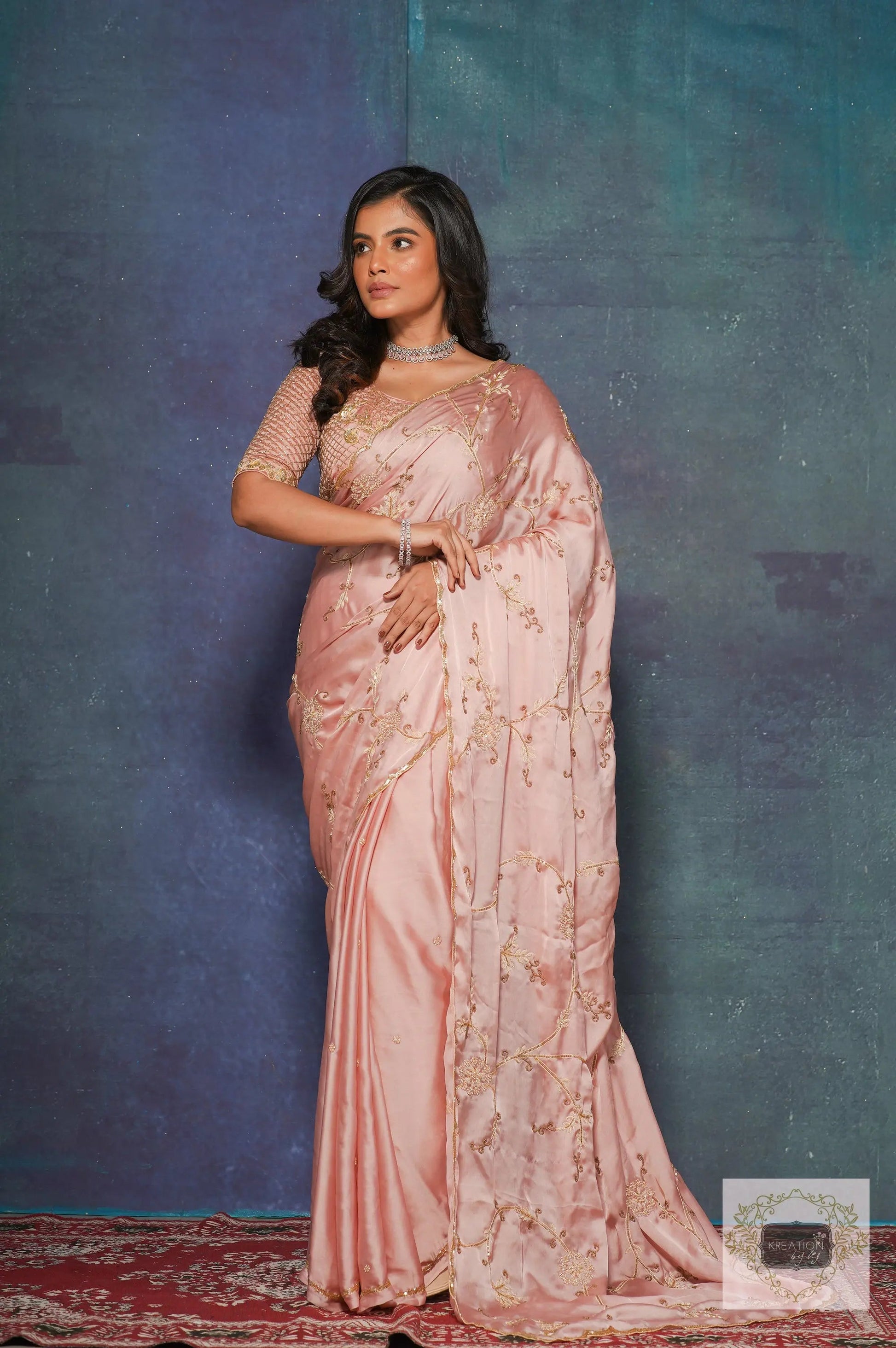 Onion Pink Crepe Silk Zardozi Jaal Saree kreationbykj