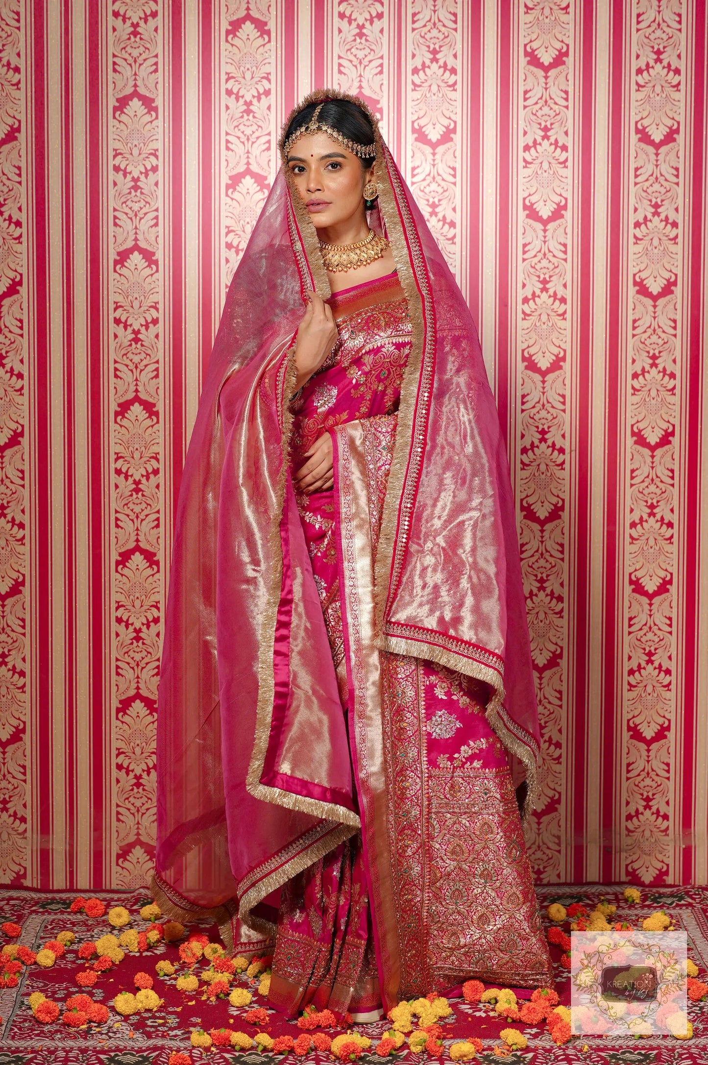 Pink Kataan Silk Banarasi Bridal Saree with Handembroidery kreationbykj