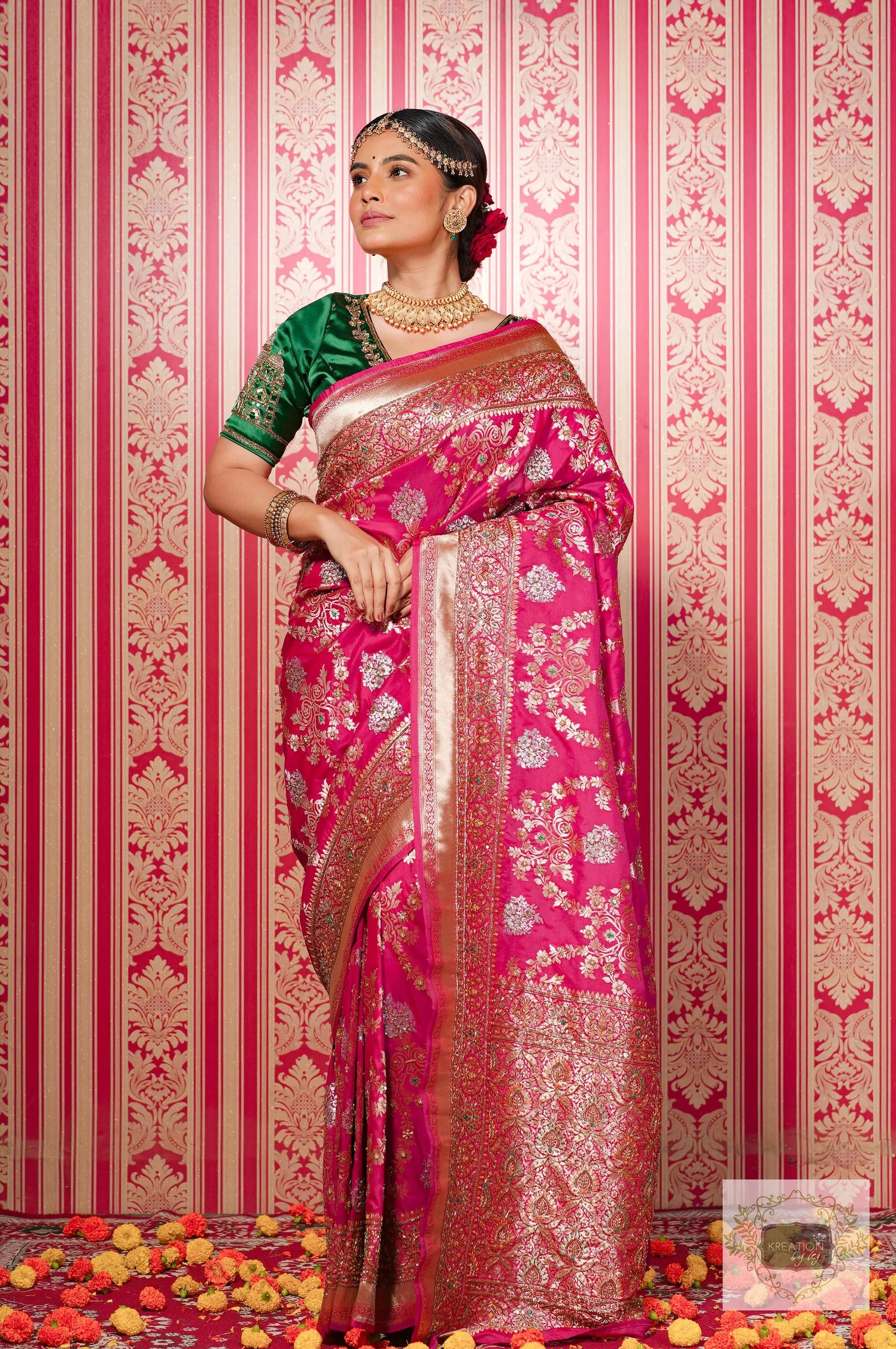 Pink Kataan Silk Banarasi Bridal Saree with Handembroidery kreationbykj