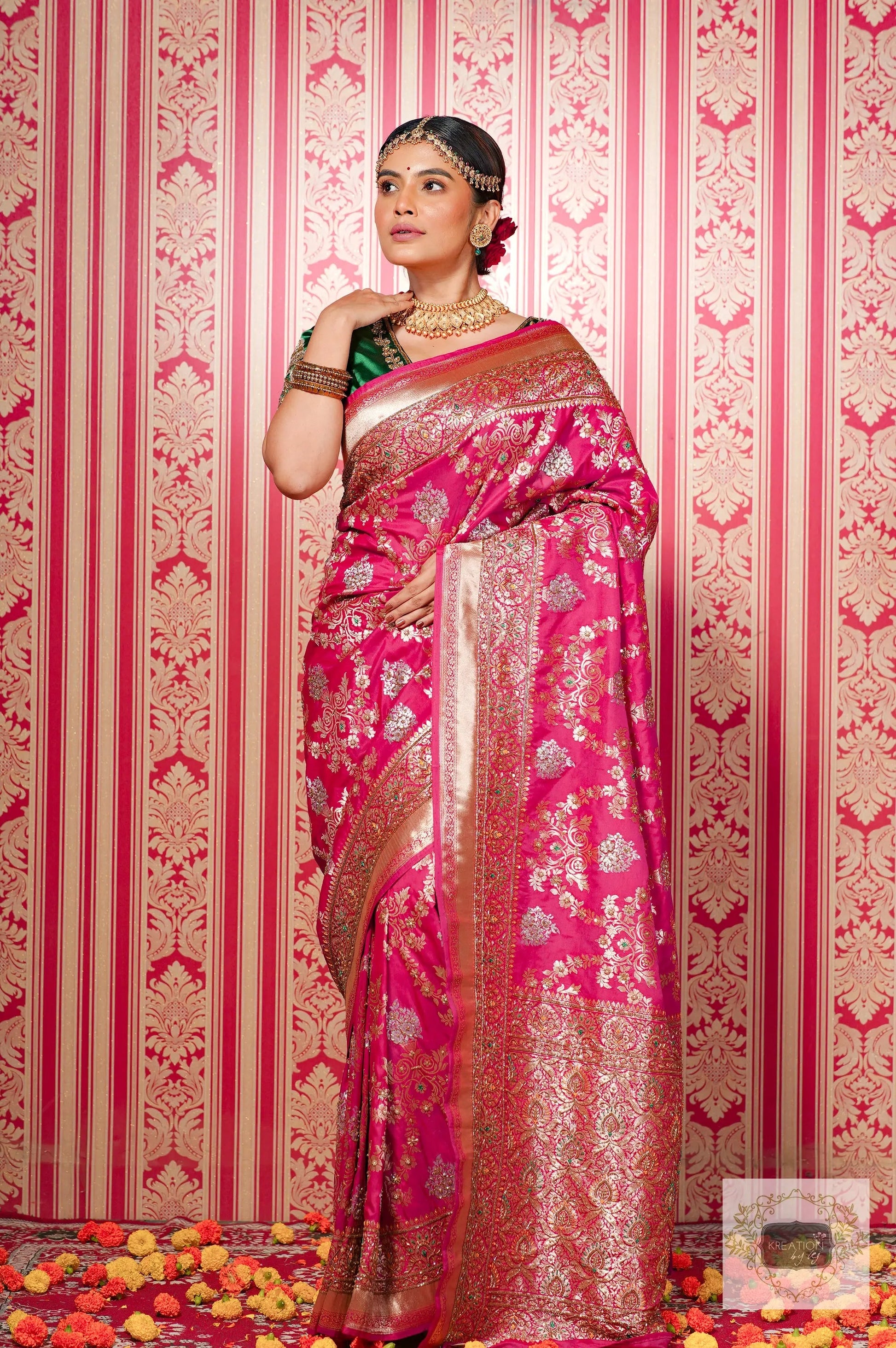 Pink Kataan Silk Banarasi Bridal Saree with Handembroidery kreationbykj