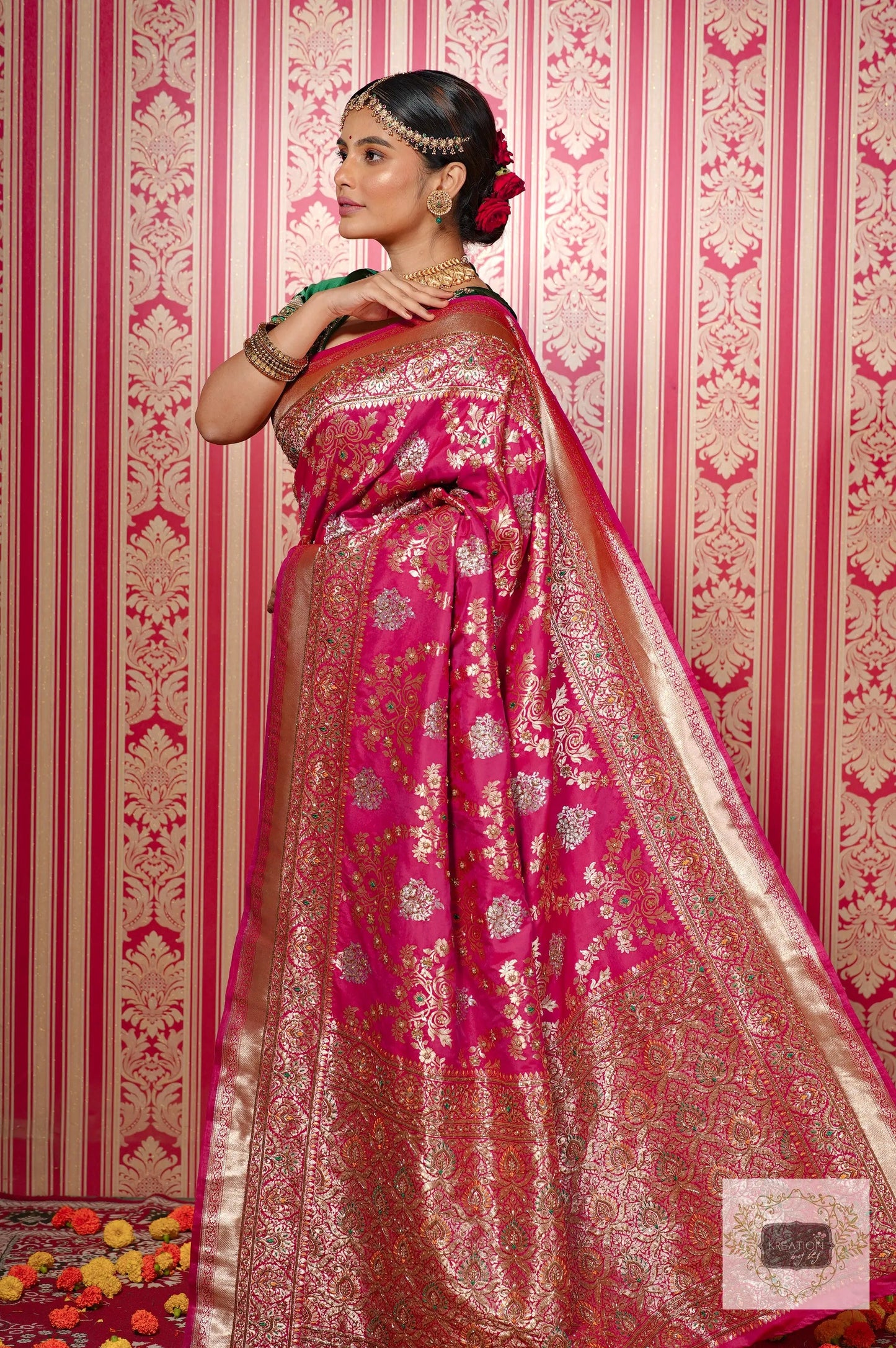 Pink Kataan Silk Banarasi Bridal Saree with Handembroidery kreationbykj