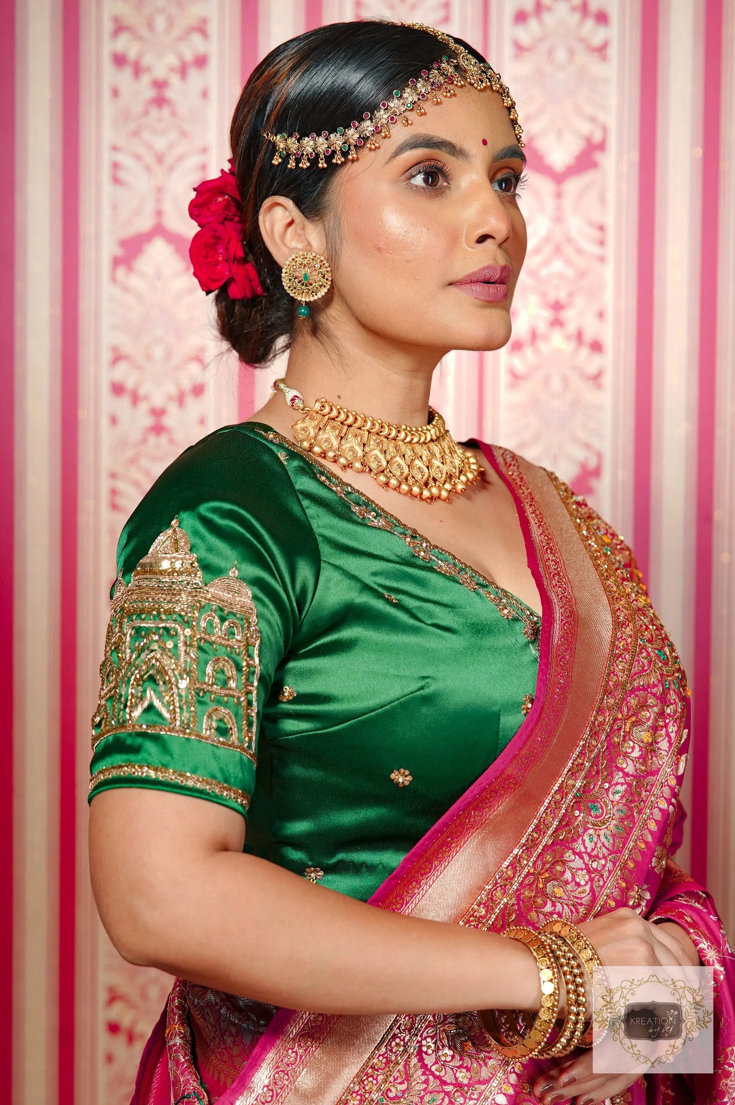 Pink Kataan Silk Banarasi Bridal Saree with Handembroidery kreationbykj
