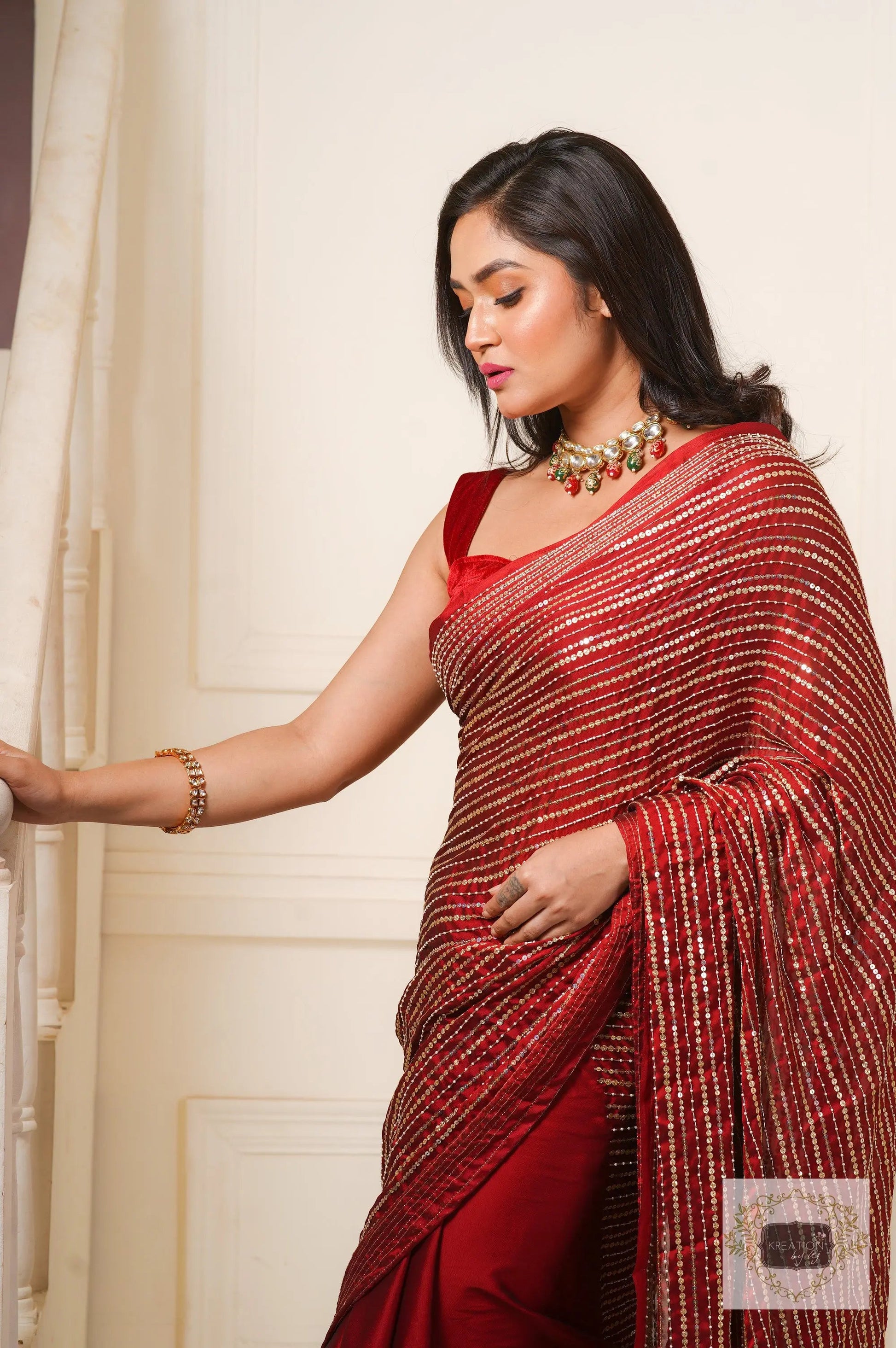 Maroon Chand Sifarish Saree for Engagement kreationbykj