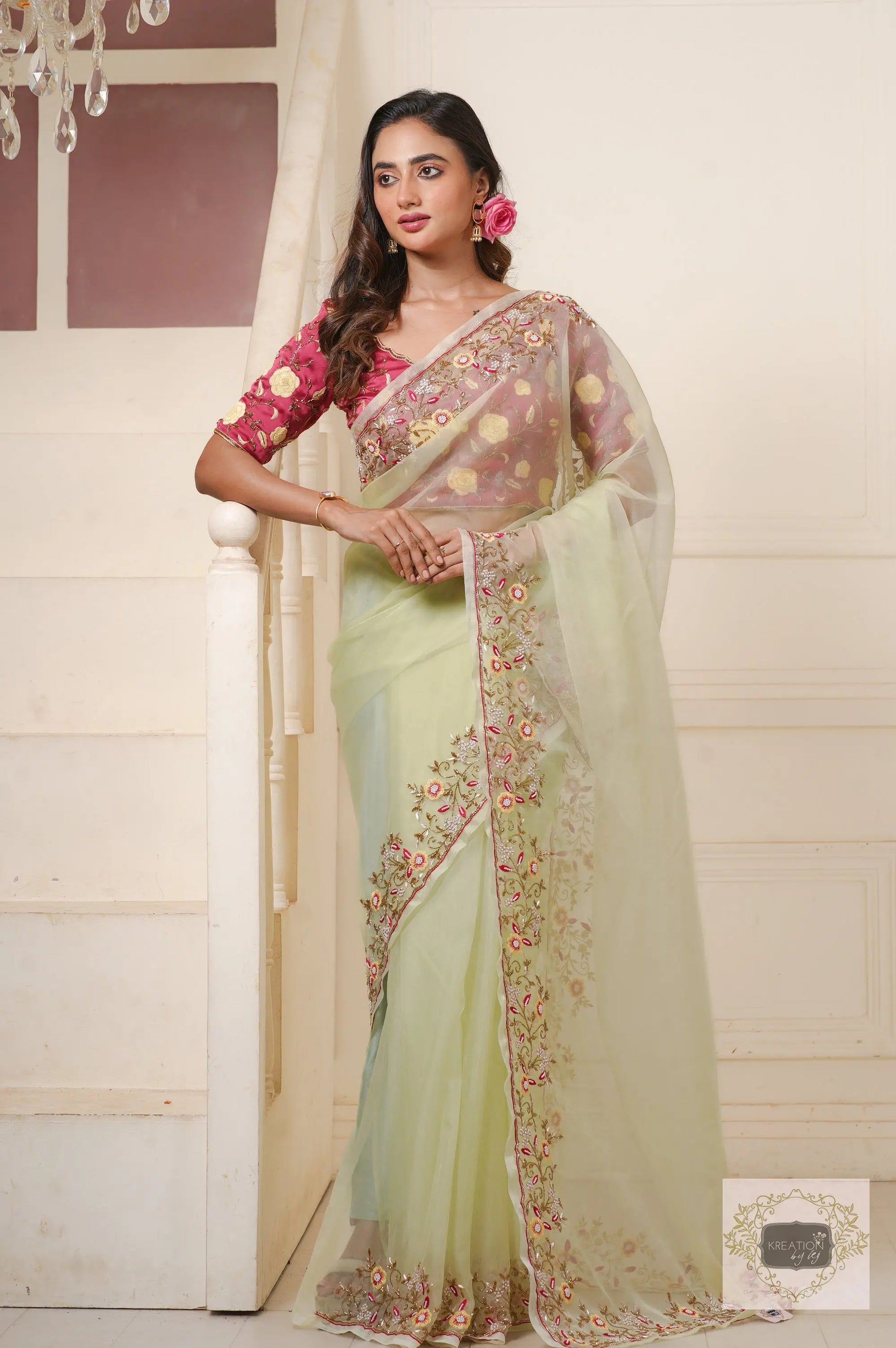 Mint Green Pankhuri Saree kreationbykj