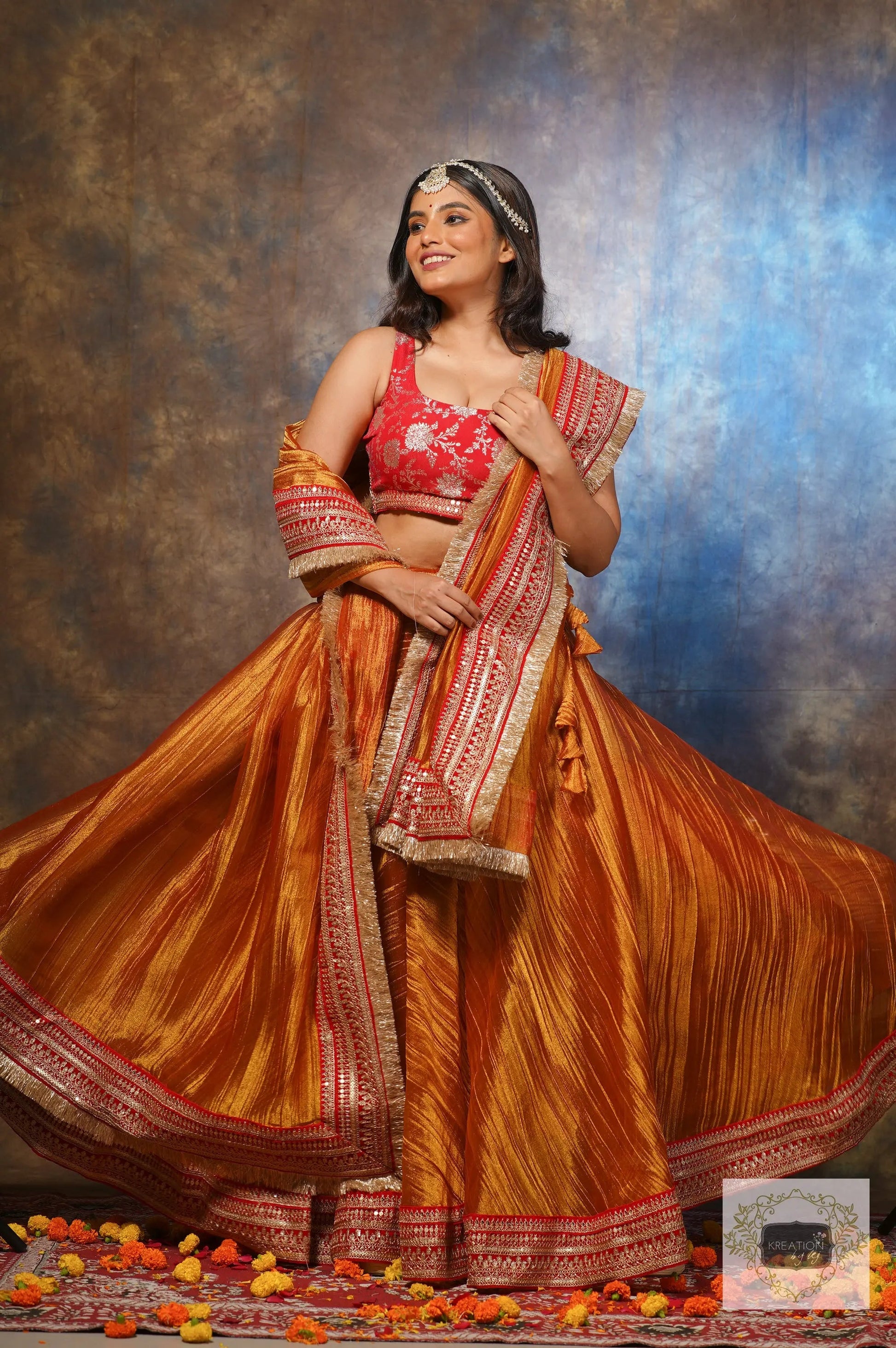 Fiery Gold Zari Tissue Lehenga Set kreationbykj
