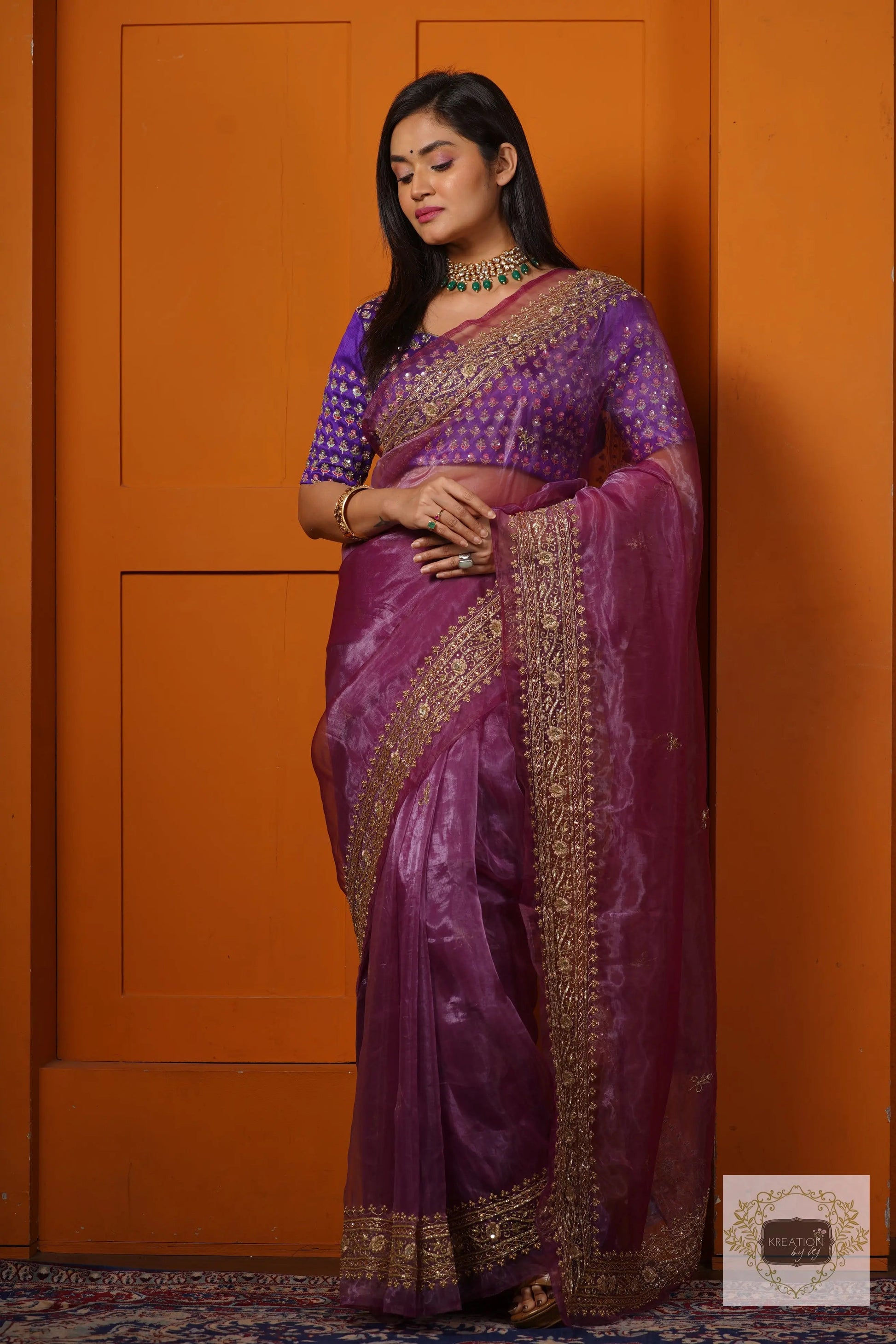 Purple Glass Tissue Zarina Saree kreationbykj